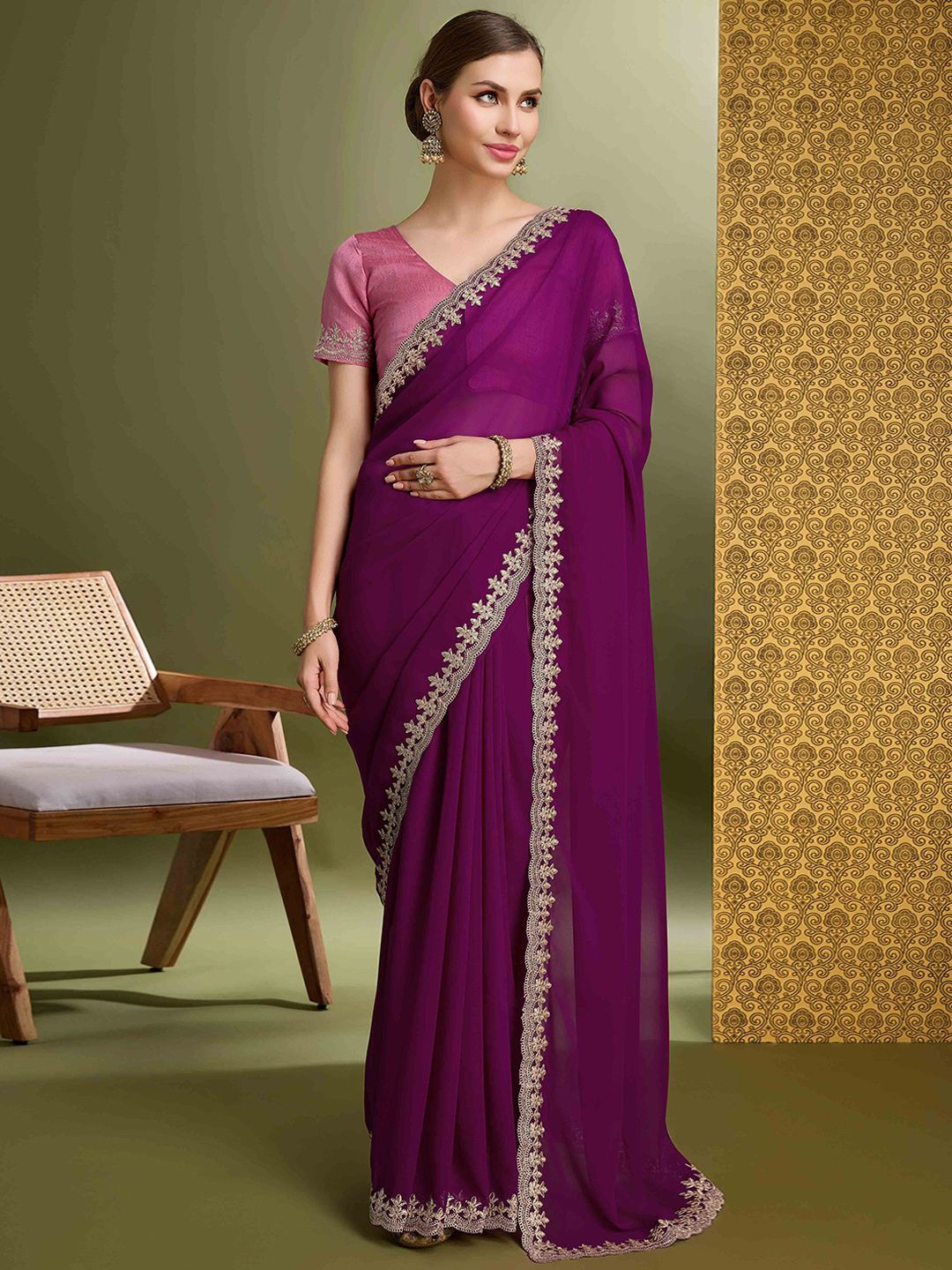 

Peachmode Beads and Stones Pure Georgette Saree, Purple