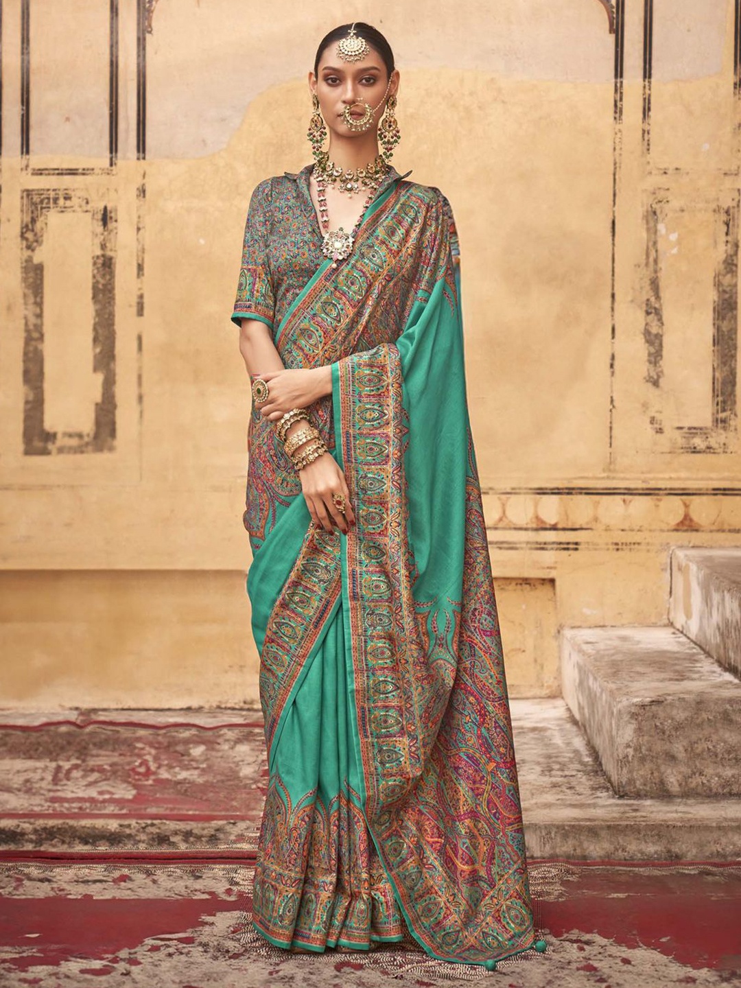 

Anouk Ethnic Motifs Silk Blend Banarasi Saree, Teal