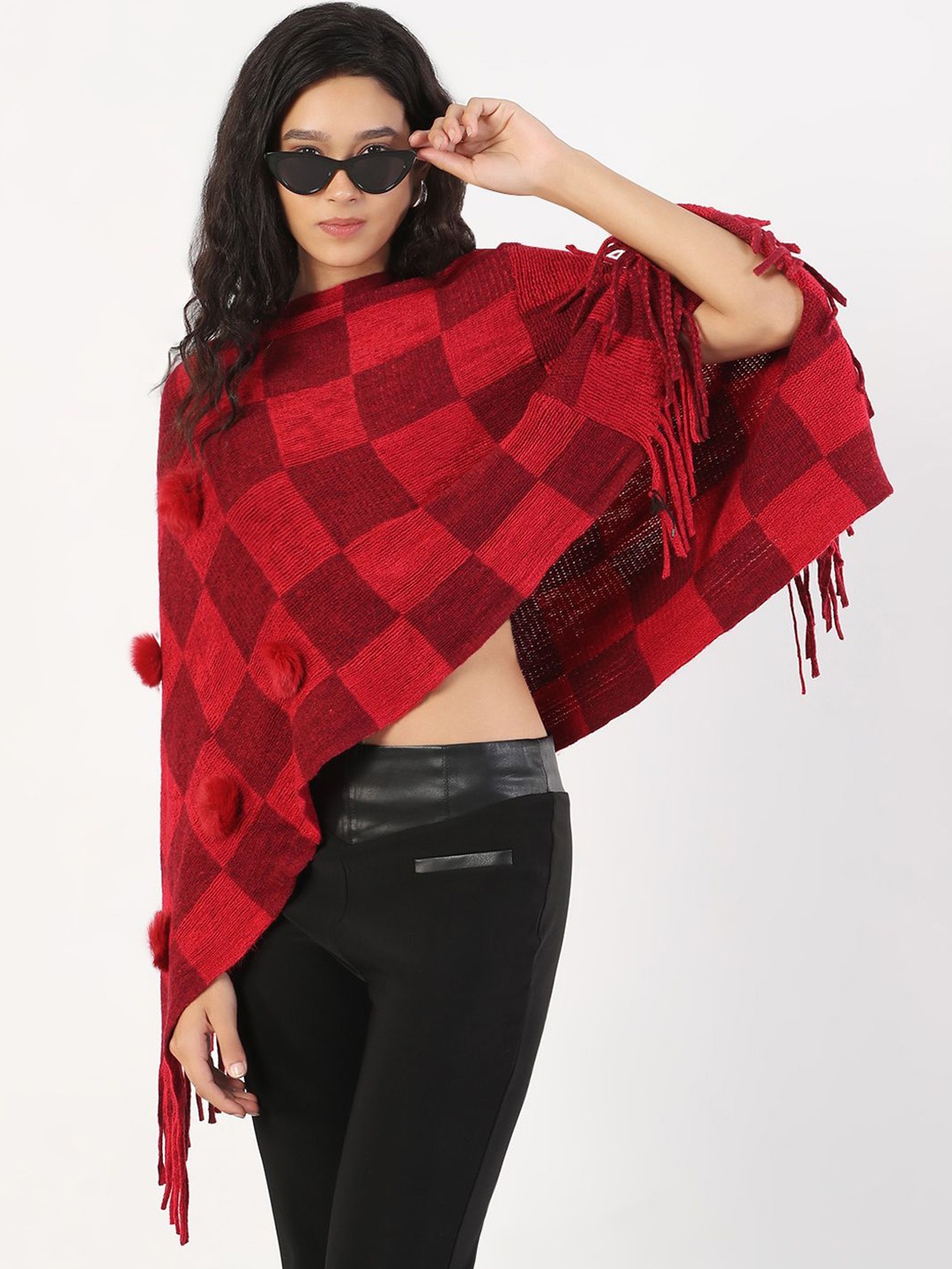 

SHOWOFF Women Checked Poncho, Red