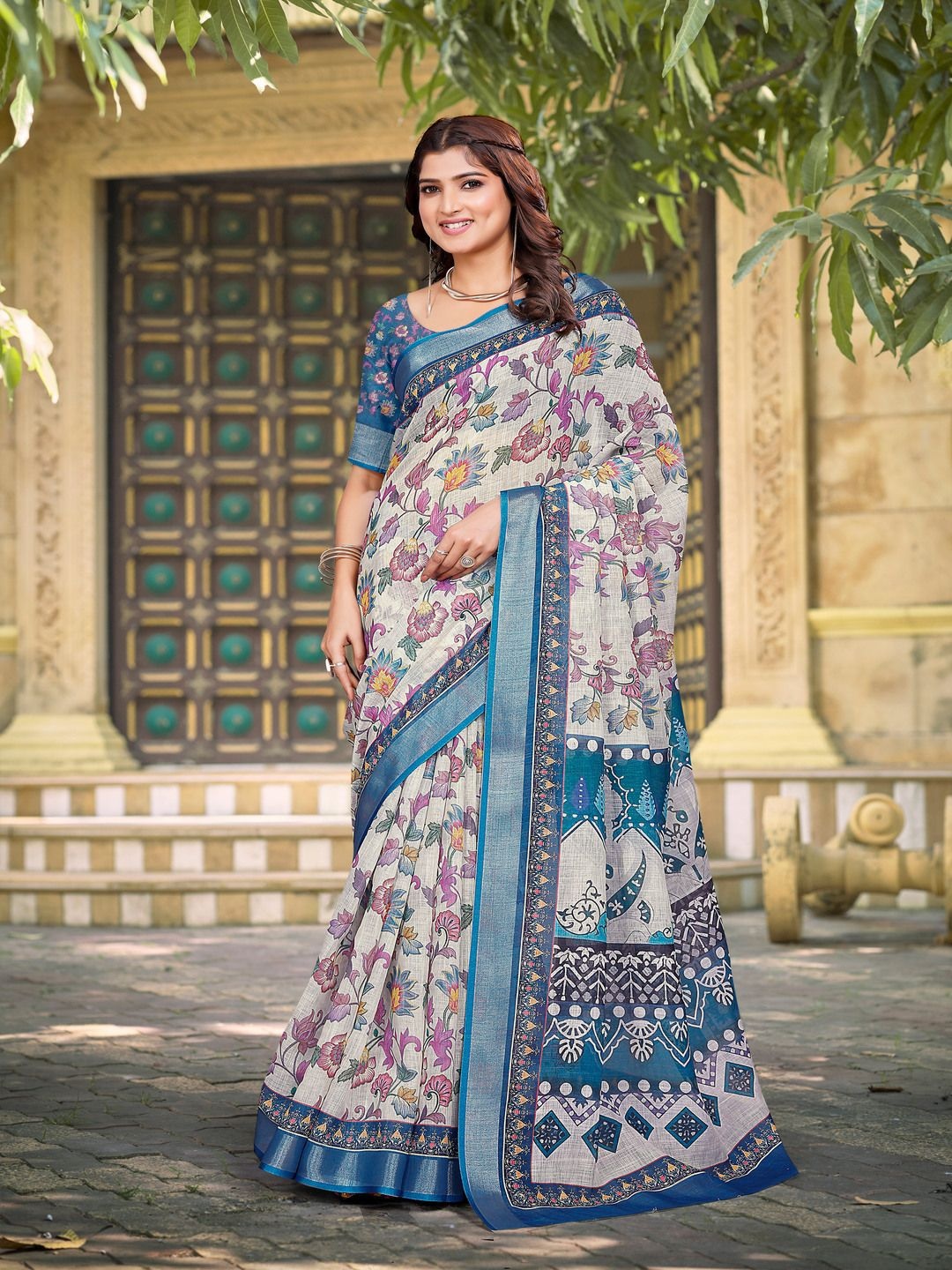 

TRENDING KART Ethnic Motifs Zari Linen Blend Chanderi Saree, Grey melange