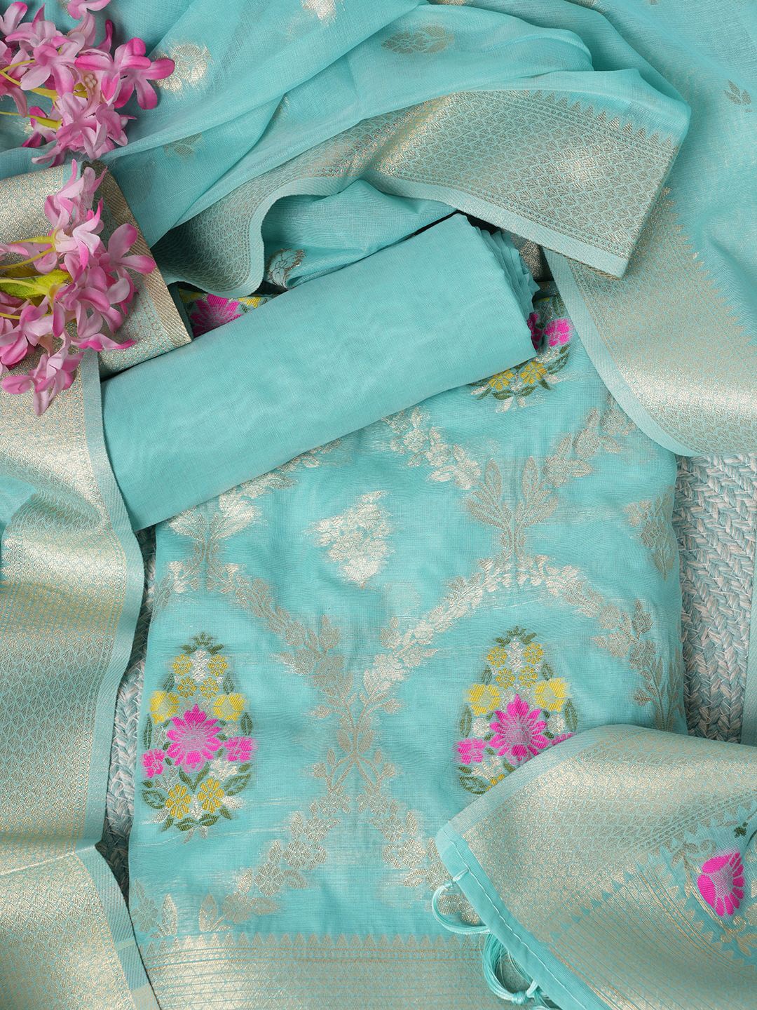 

MUFFLY Printed Pure Silk Unstitched Dress Material, Blue