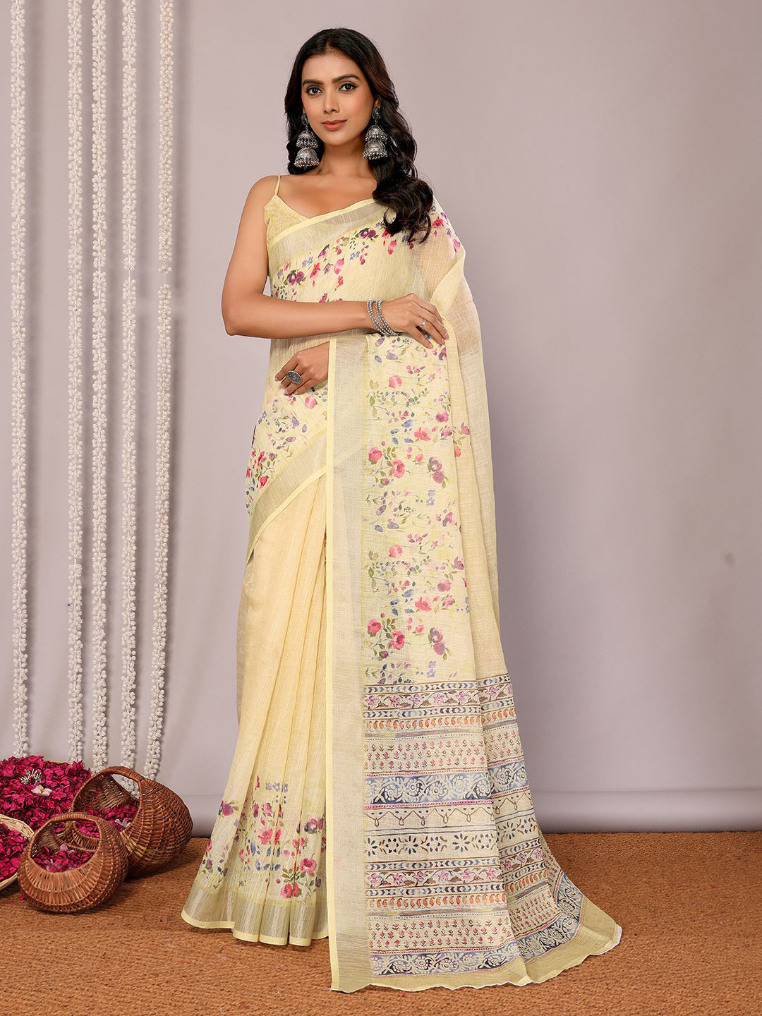

Janasya Women Light Yellow Linen Blend Floral Printed Saree with Unstitched Blouse Piece