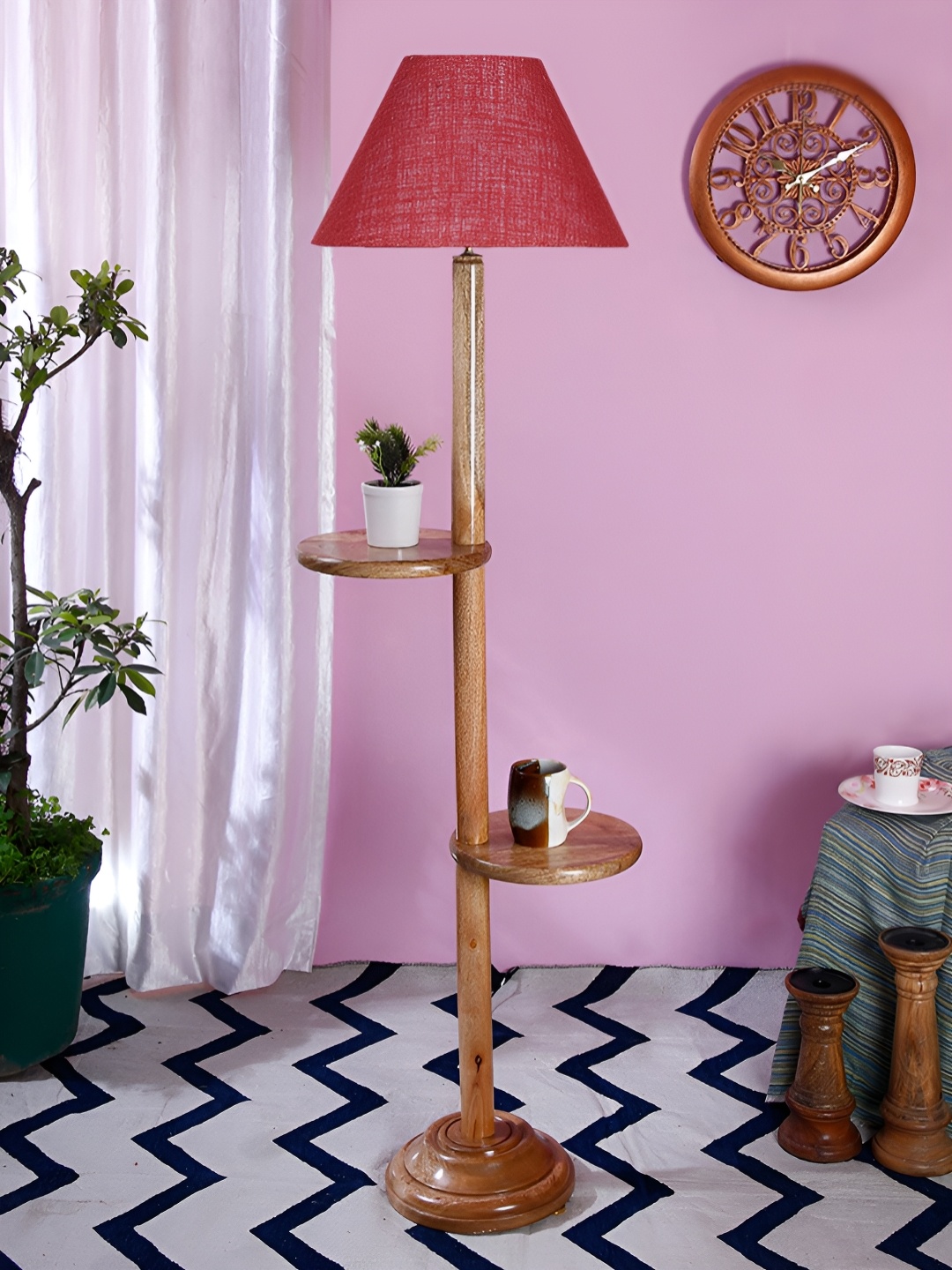 

Devansh Maroon & Brown Conical Jute Wooden Shelf Floor Lamp