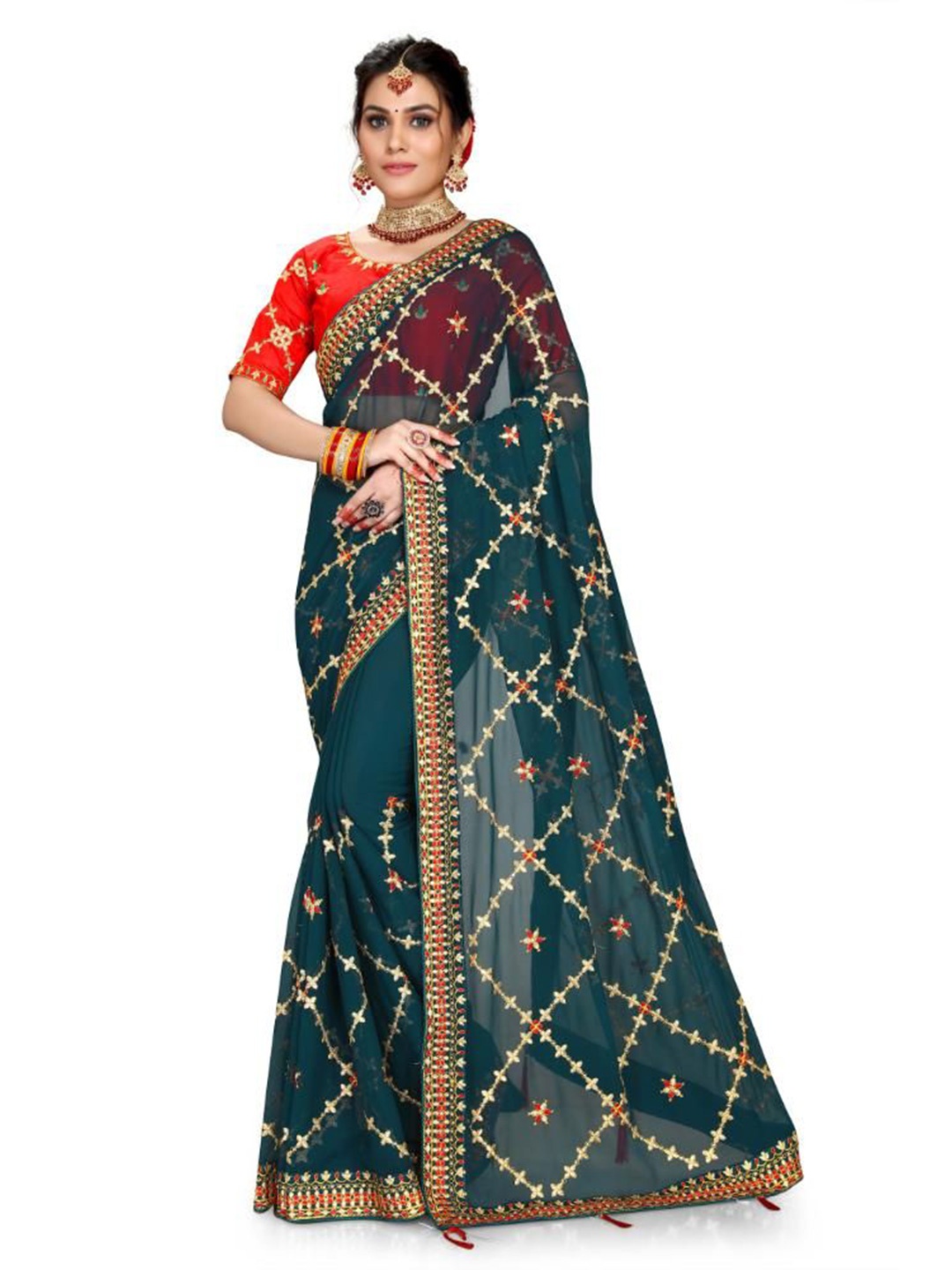 

jayant creation Floral Embroidered Pure Georgette Saree, Blue