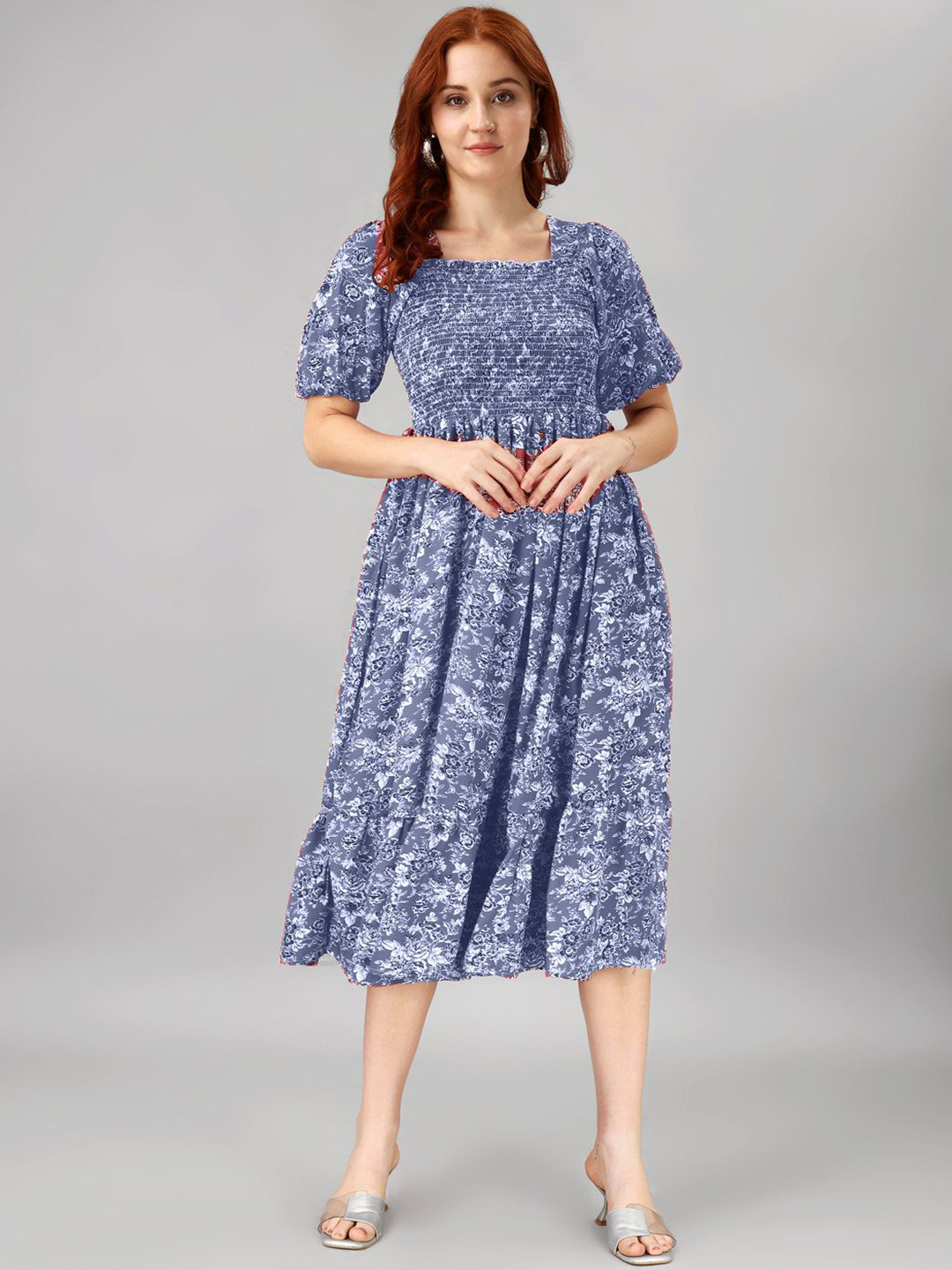 

Raiyani Fashion Floral Print Puff Sleeve Applique Fit & Flare Midi Dress, Blue
