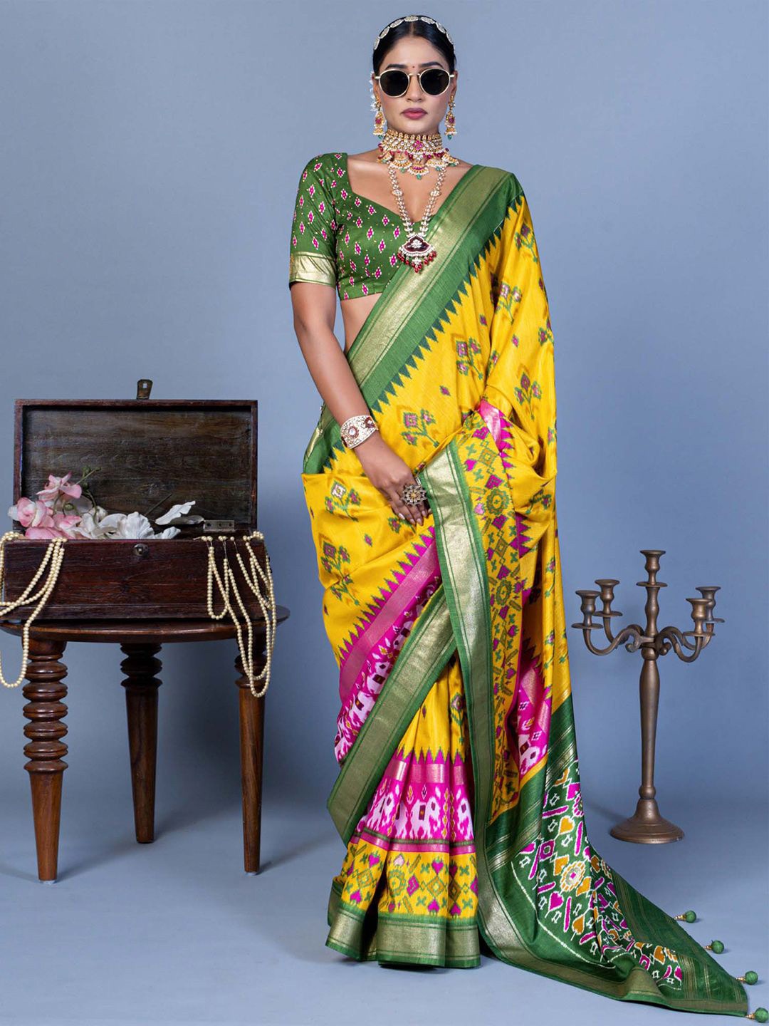 

Anouk Ethnic Motifs Silk Blend Pochampally Saree, Yellow