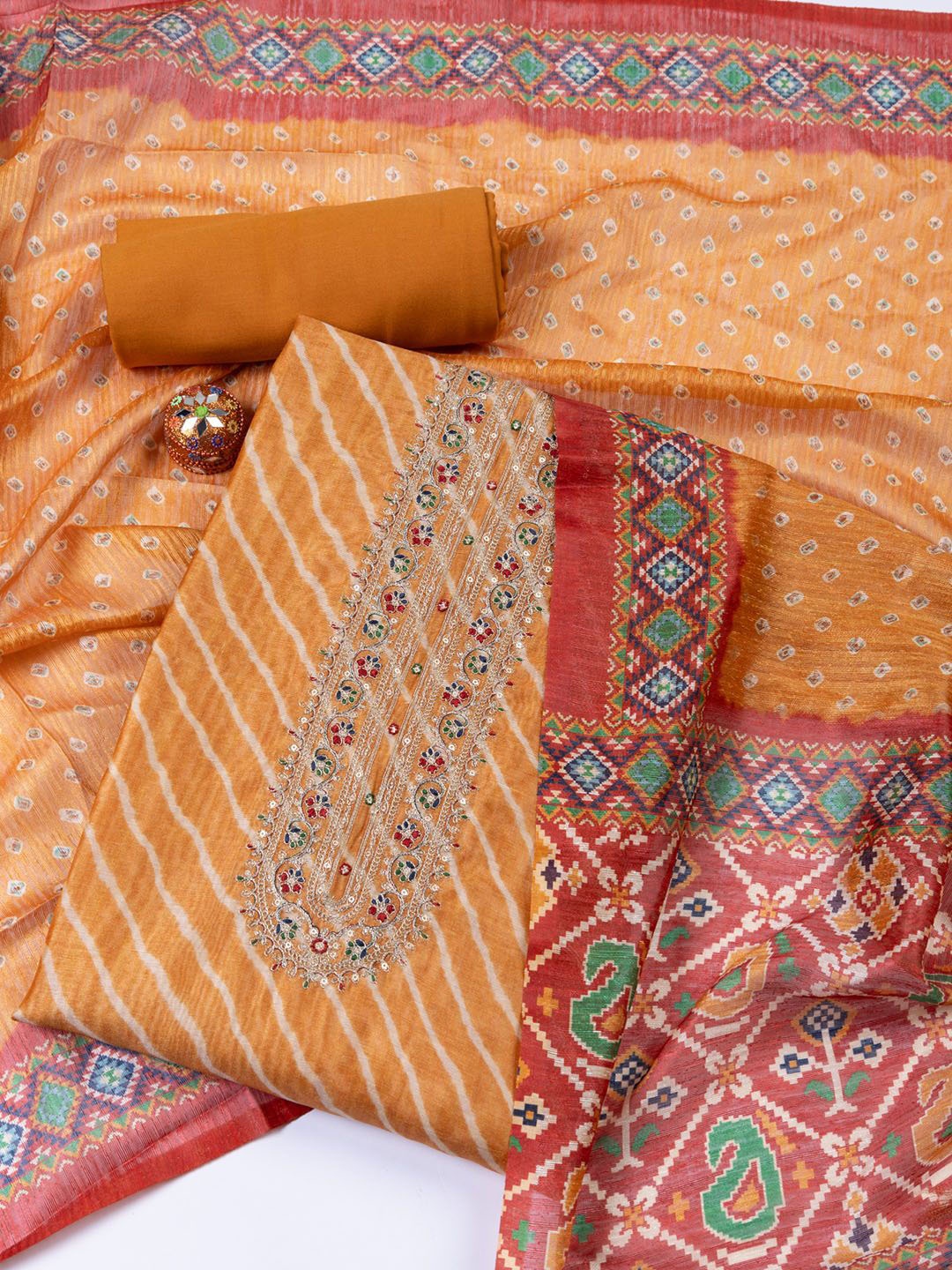 

Meena Bazaar Printed Art Silk Unstitched Dress Material, Mustard