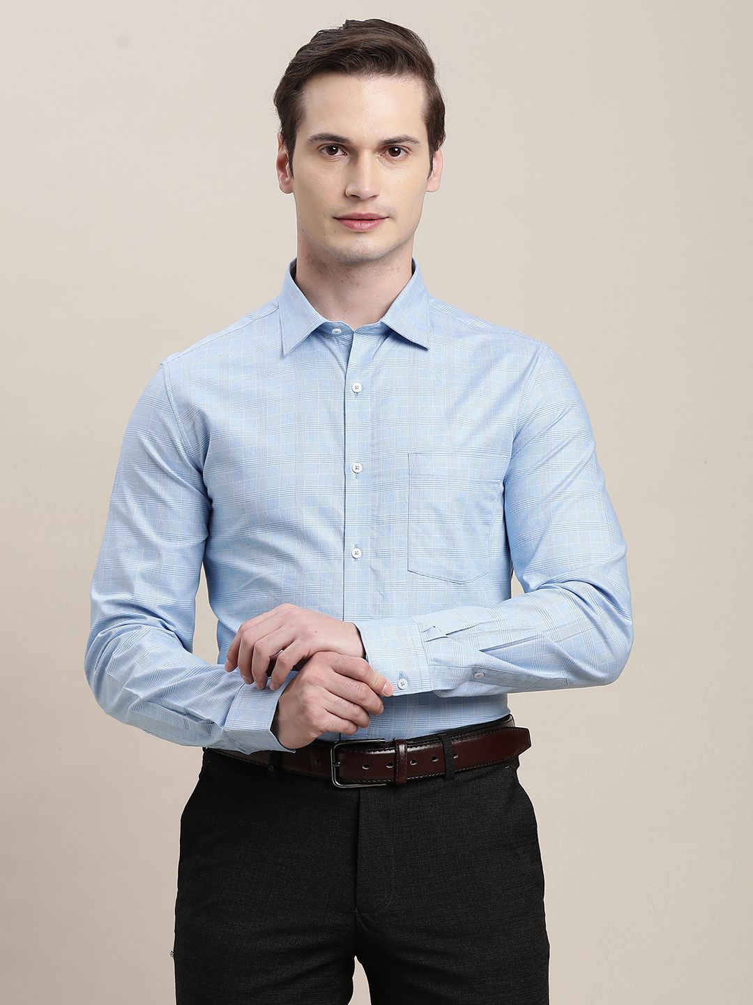 

Turtle Men Standard Regular Fit Spread Collar Checked Cotton Formal Shirt, Blue