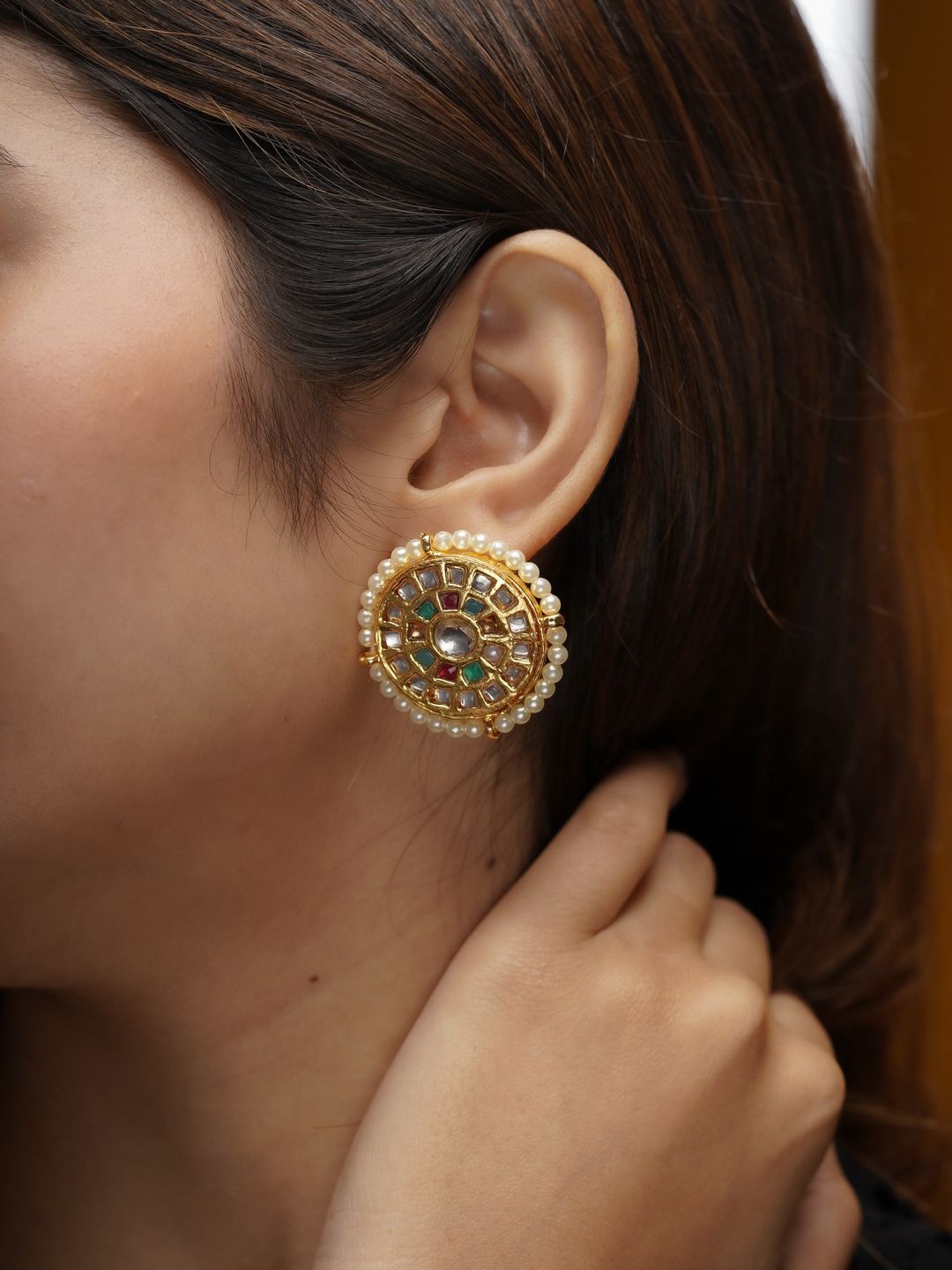 

AARSEE OFFICIAL Anti-Tarnish 22KT Gold Plated Navrattan Stud Earrings