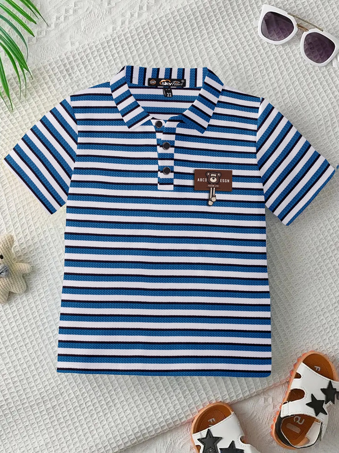

SKY PEARL Boys Striped Polo Collar Pockets T-shirt, Blue