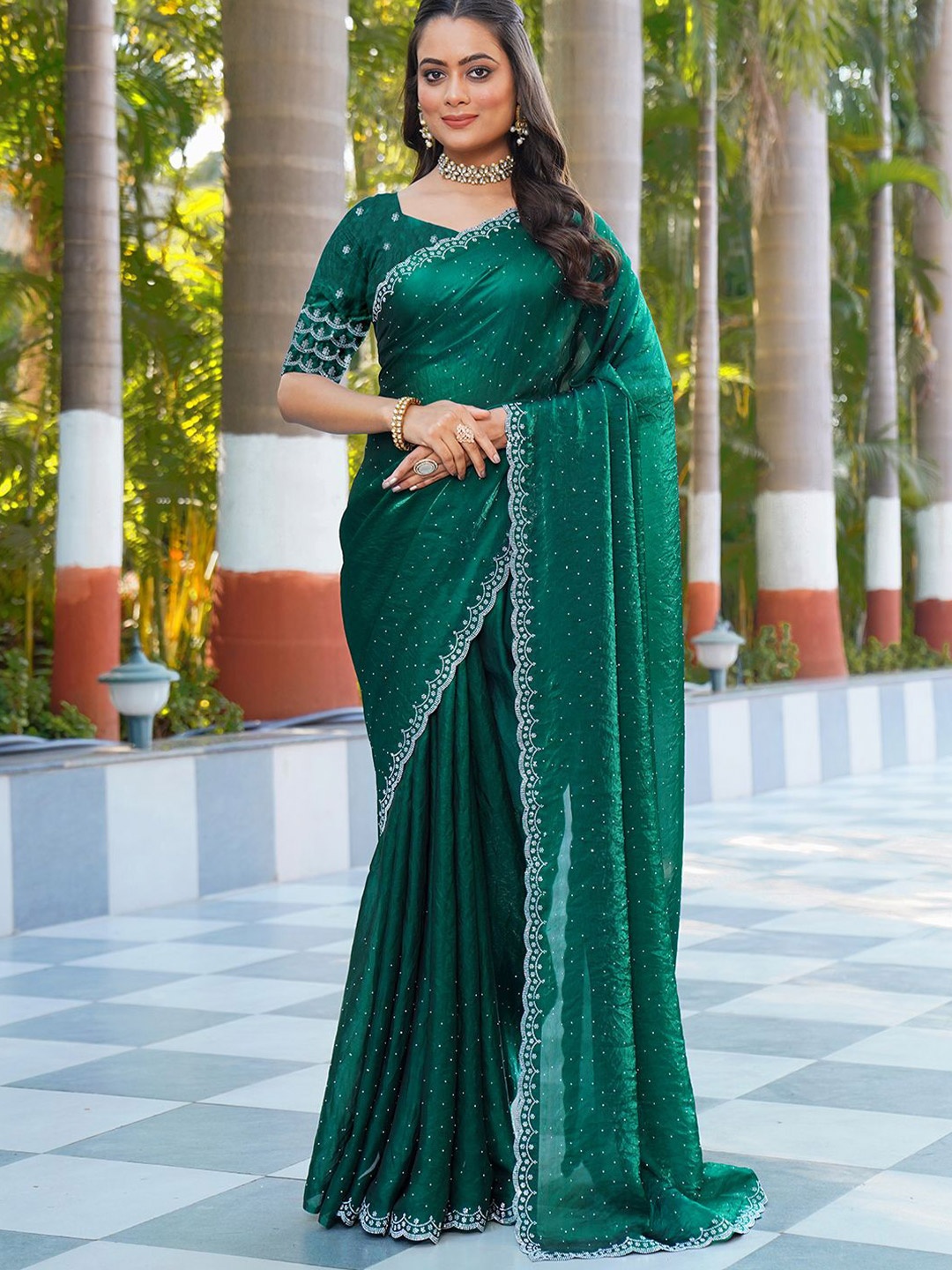 

NIRMAL CREATION Embellished Beads and Stones Satin Saree, Green