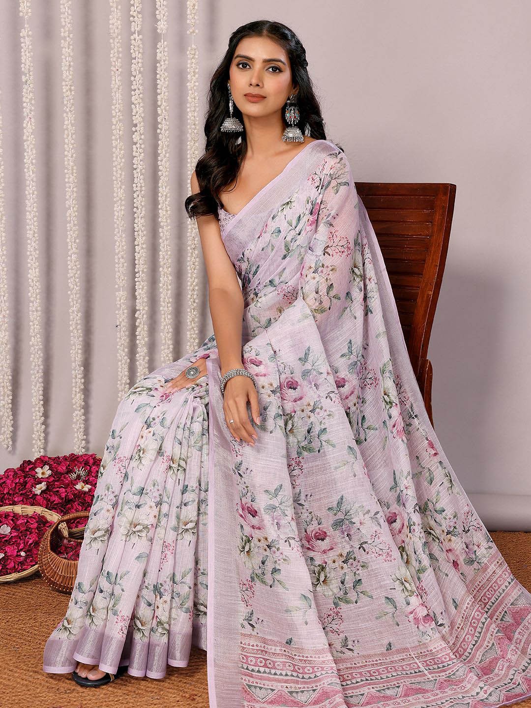 

Janasya Women Lavender Linen Blend Floral Printed Saree with Unstitched Blouse Piece