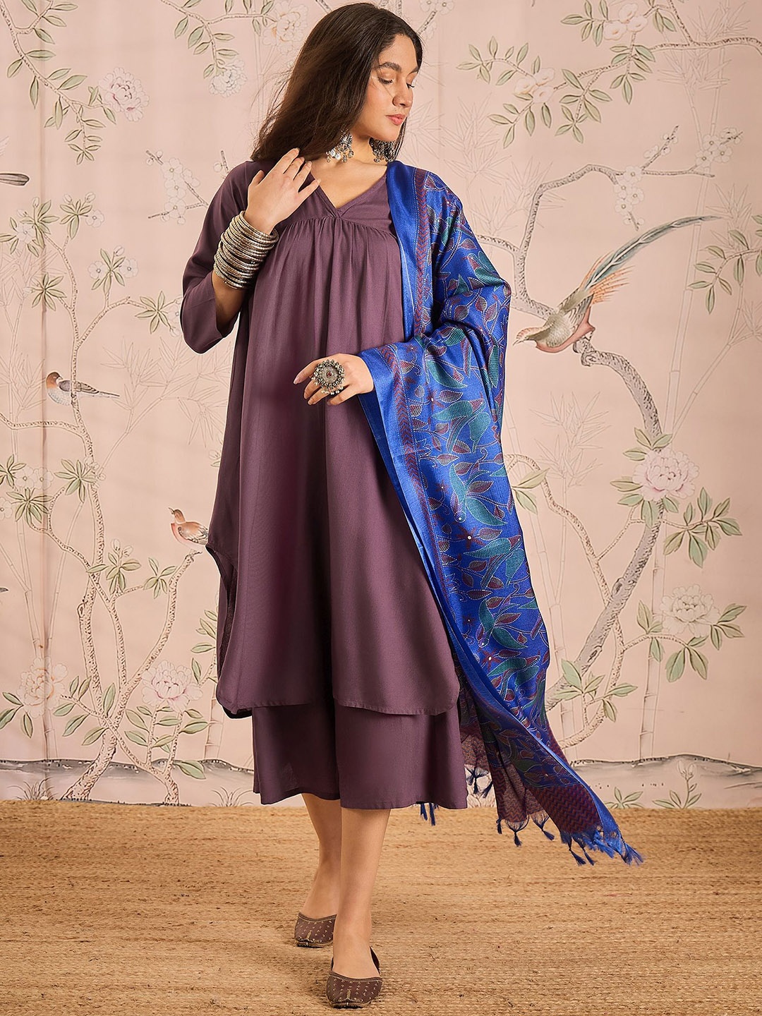 

InWeave Women Pleated Kurta with Palazzos & With Dupatta, Mauve