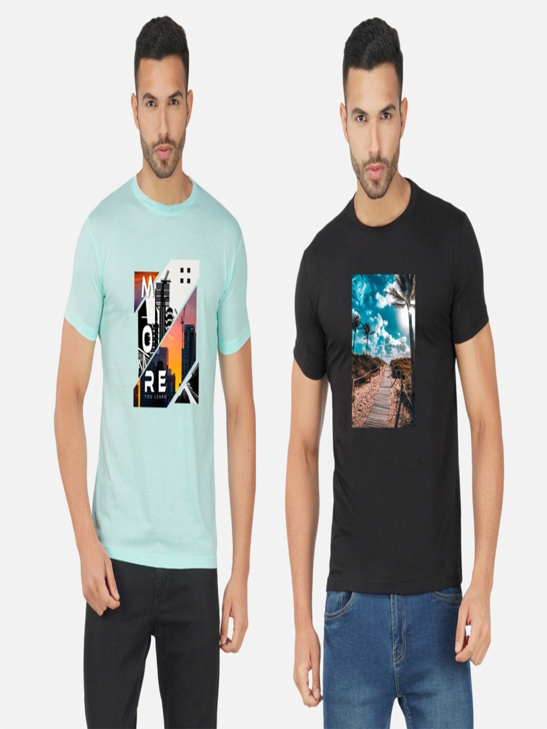 

GLOBAL NOMAD Men 2 Printed Bio Finish Applique T-shirt, Turquoise blue