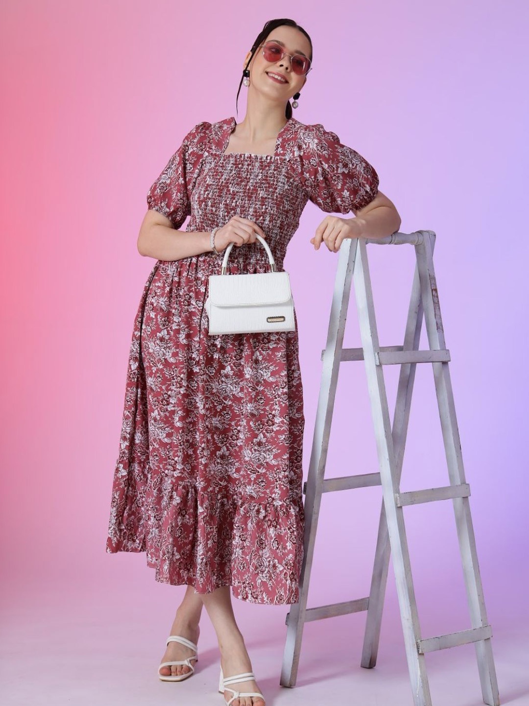 

Raiyani Fashion Print Puff Sleeve Applique Fit & Flare Midi Dress, Pink