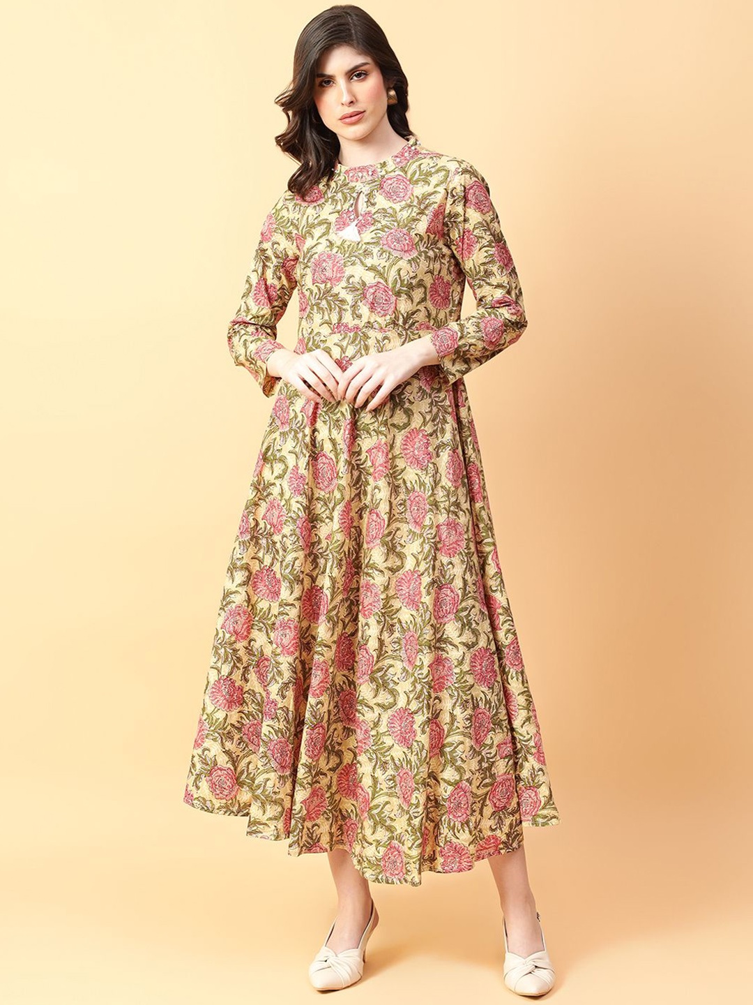 

Jaipur Kurti Floral Printed Pure Cotton A-Line Ethnic Dress, Yellow