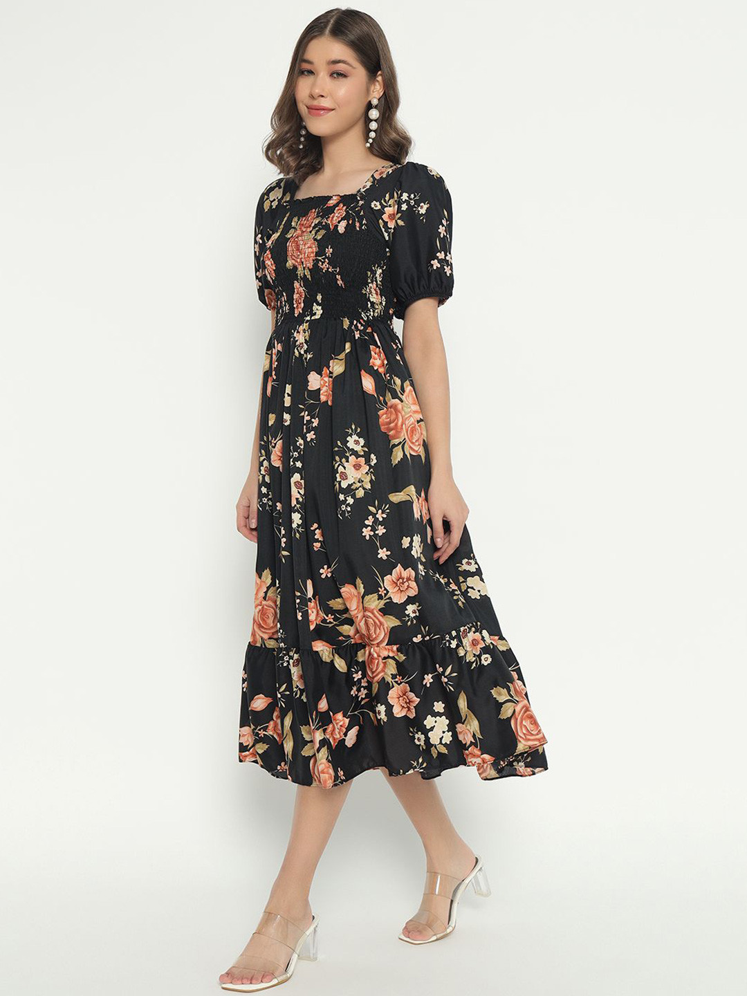 

Raiyani Fashion Floral Print Applique Crepe Fit & Flare Midi Dress, Gold