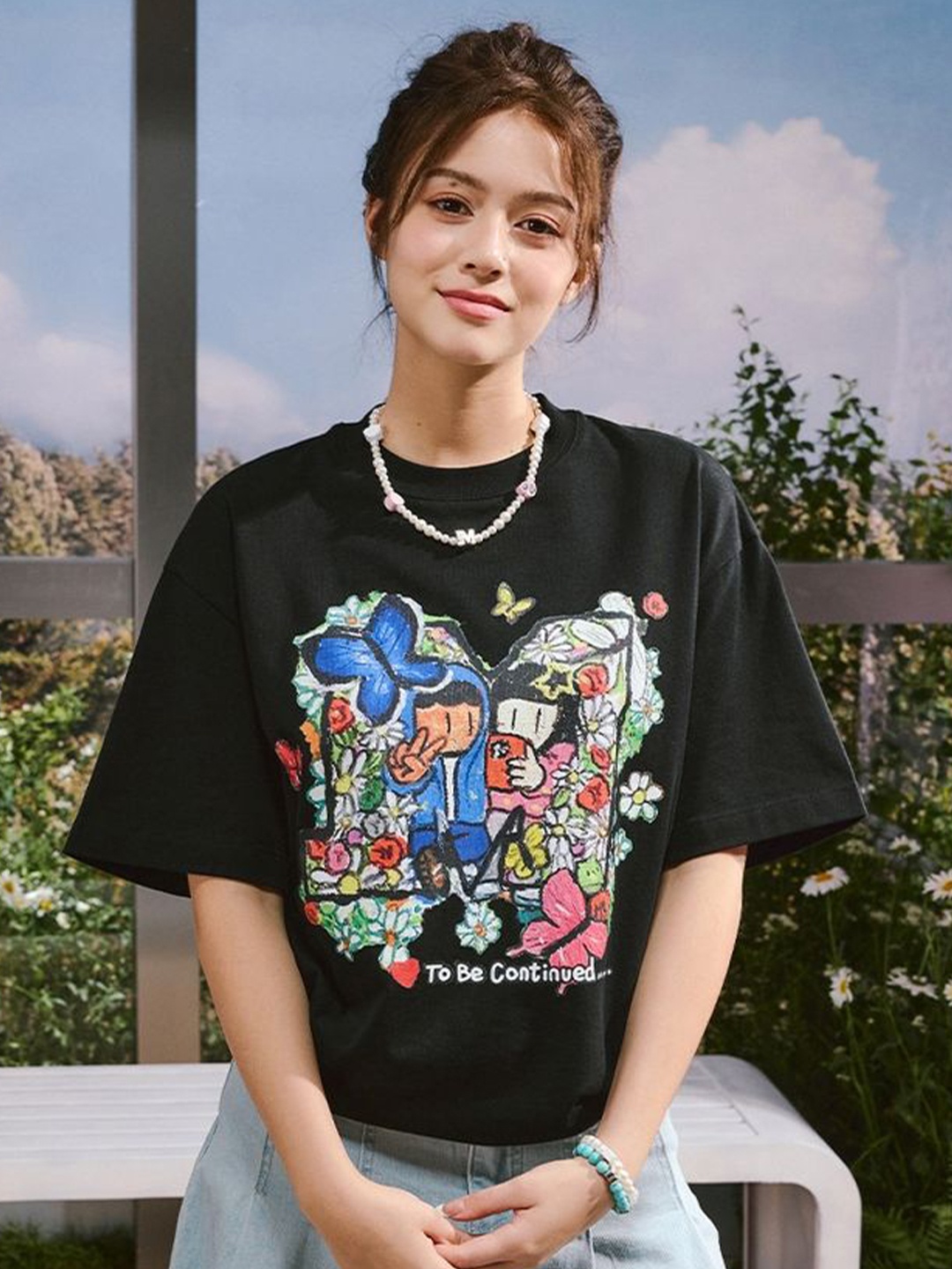 

LULU & SKY Floral Print Cotton Top, Black