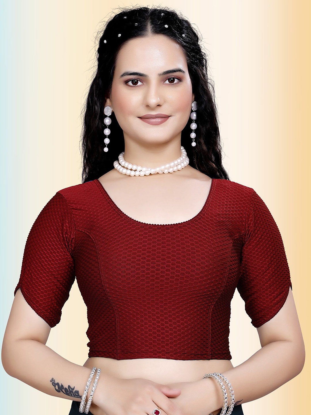 

TANISHM FEB TEX Cotton Round Neck Saree Blouse, Maroon