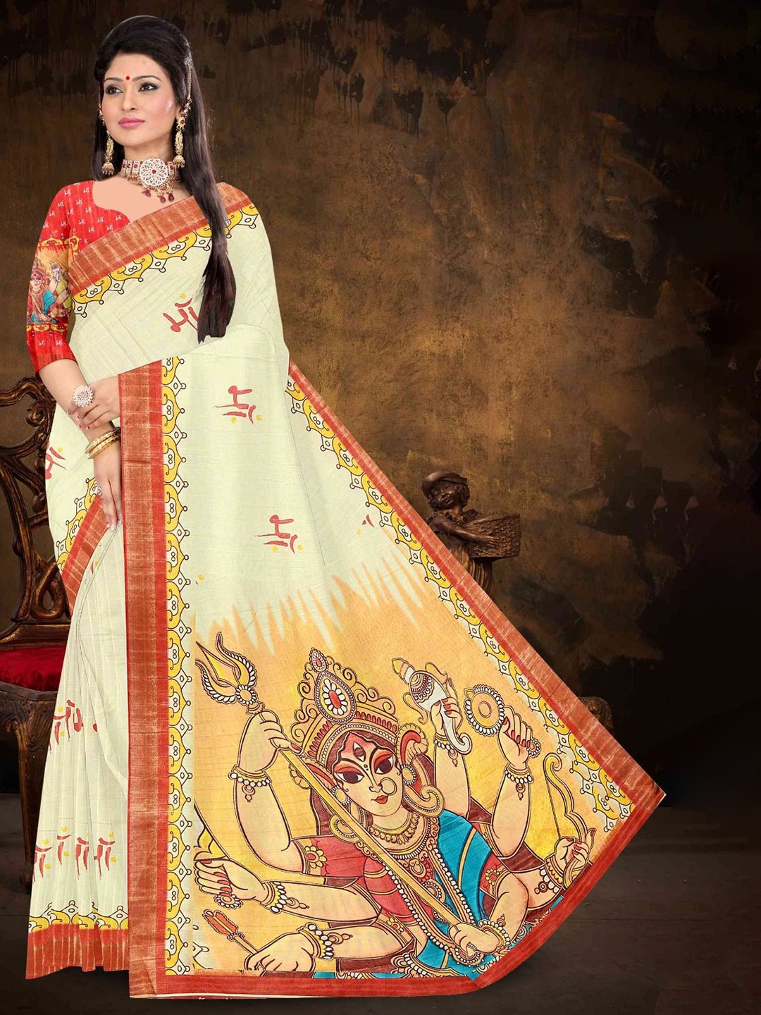 

Moda Rapido Ethnic Motifs Zari Silk Blend Saree, Cream