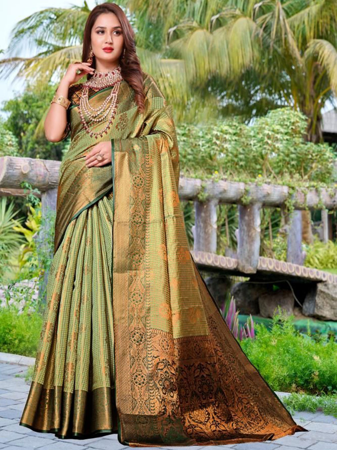 

AKSH FASHION Woven Design Zari Designer Banarasi Saree, Lime green