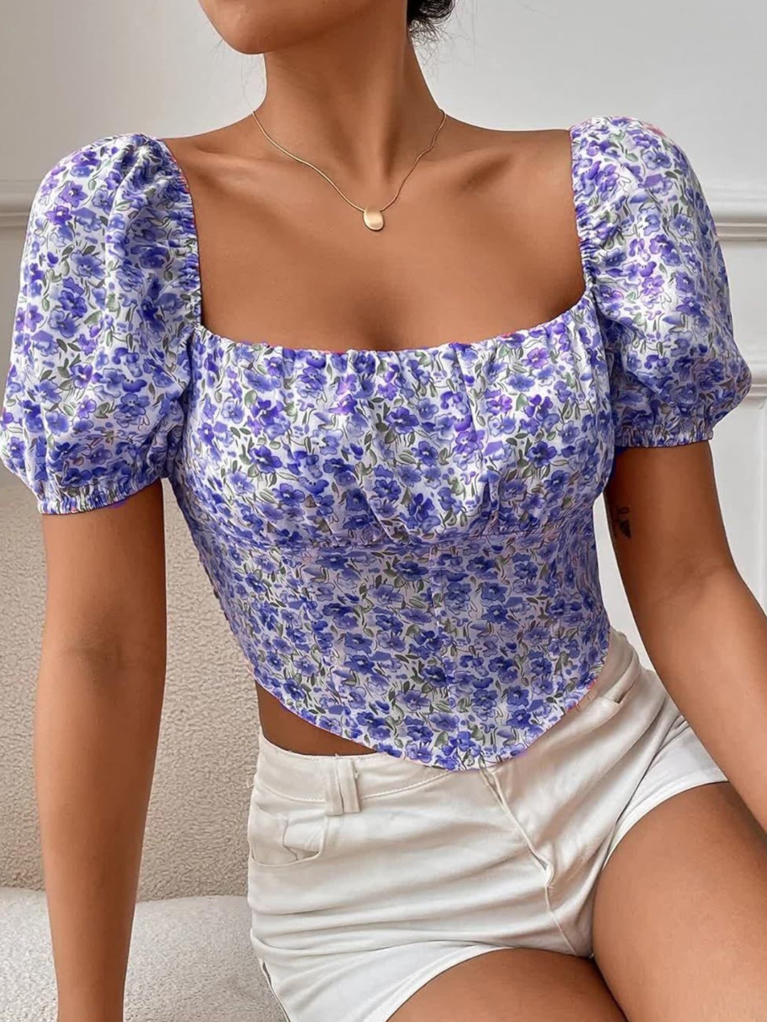 

Projas Floral Puff Sleeve Crop Top, Blue