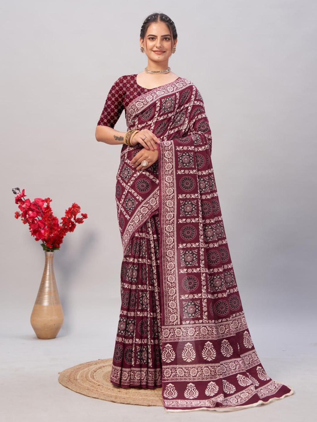 

HERE&NOW Ajrak Block Block Print Saree, Maroon