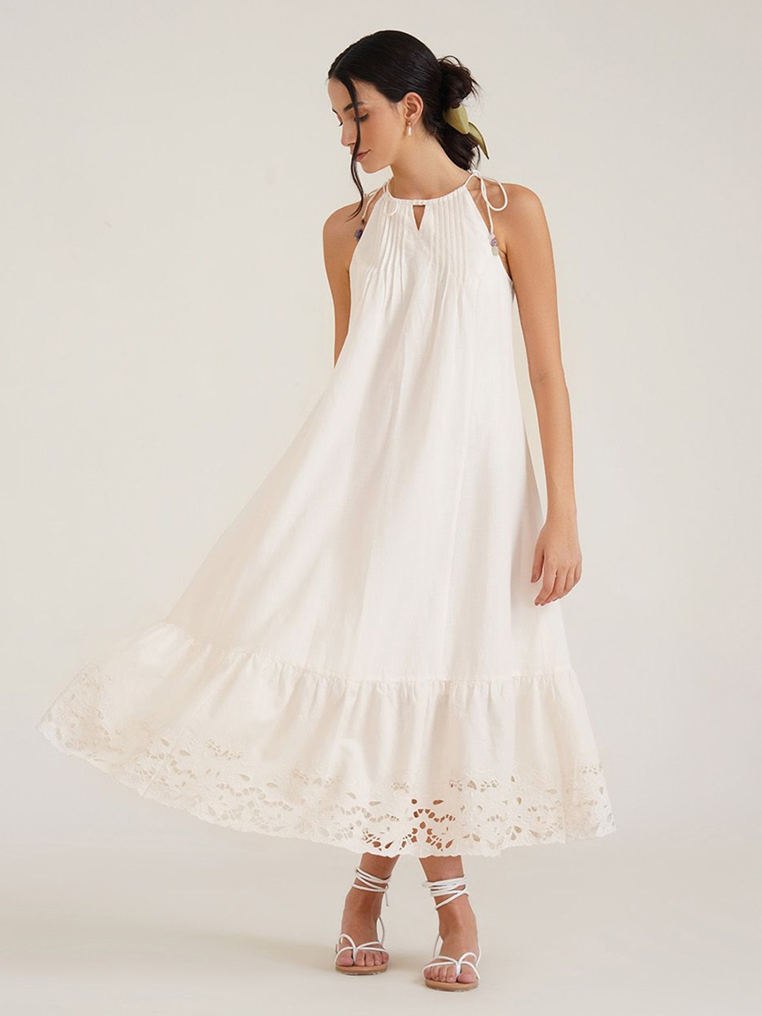 

B77 Embroidered Linen A-Line Maxi Dress, Off white