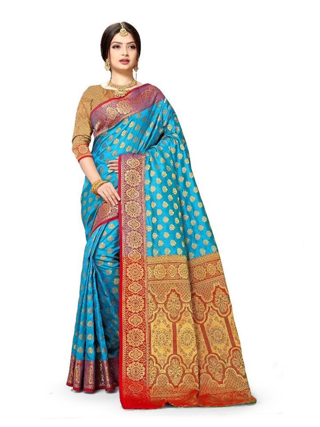 

jayant creation Woven Design Zari Silk Blend Banarasi Saree, Turquoise blue