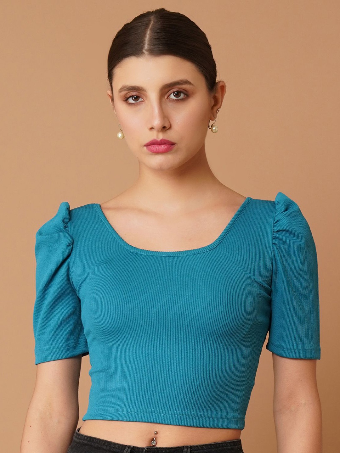 

Chemistry Puff Sleeve Crepe Crop Top, Blue