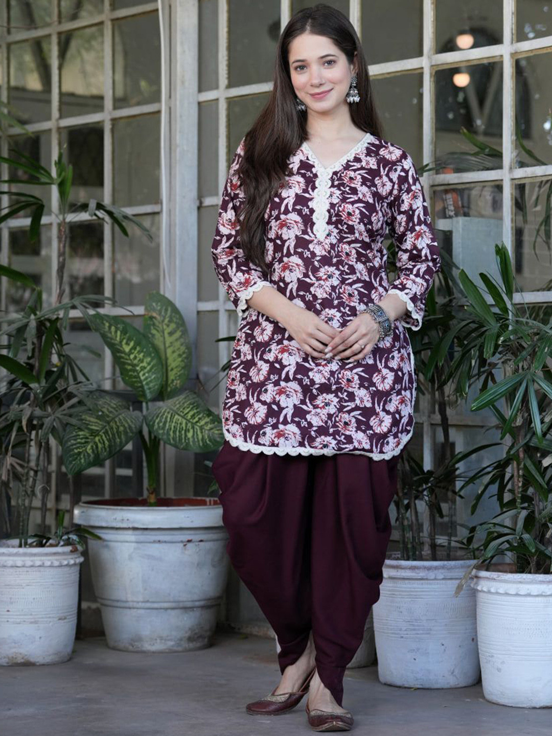 

TFP Women Floral Printed Regular Gotta Patti Pure Cotton Kurta with Dhoti Pants, Burgundy