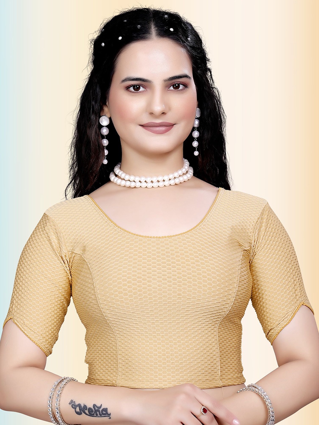 

TANISHM FEB TEX Cotton Round Neck Saree Blouse, Beige