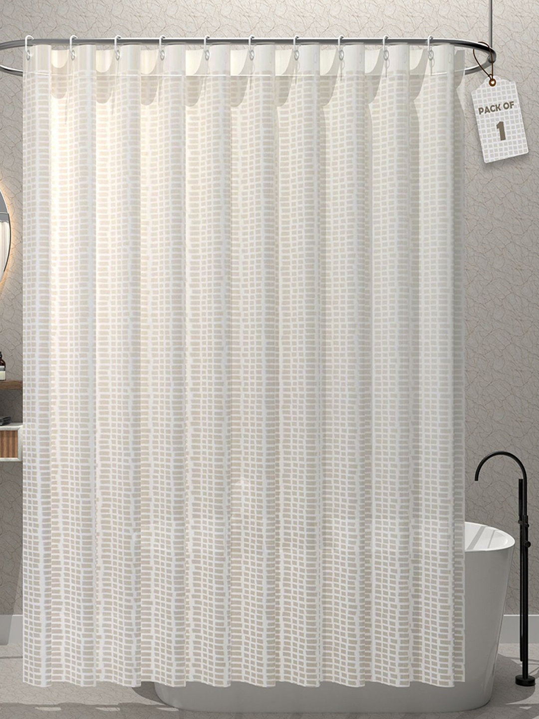 

Aura Aura White & Beige Square Printed Waterproof Shower Curtain With 12 Rings