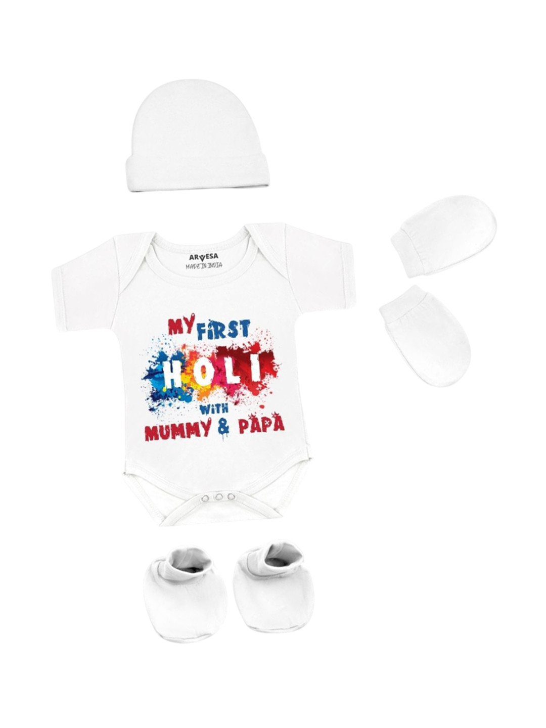 

Arvesa Infants My First Holi Printed Bodysuit with Cap Booties Mitten, White