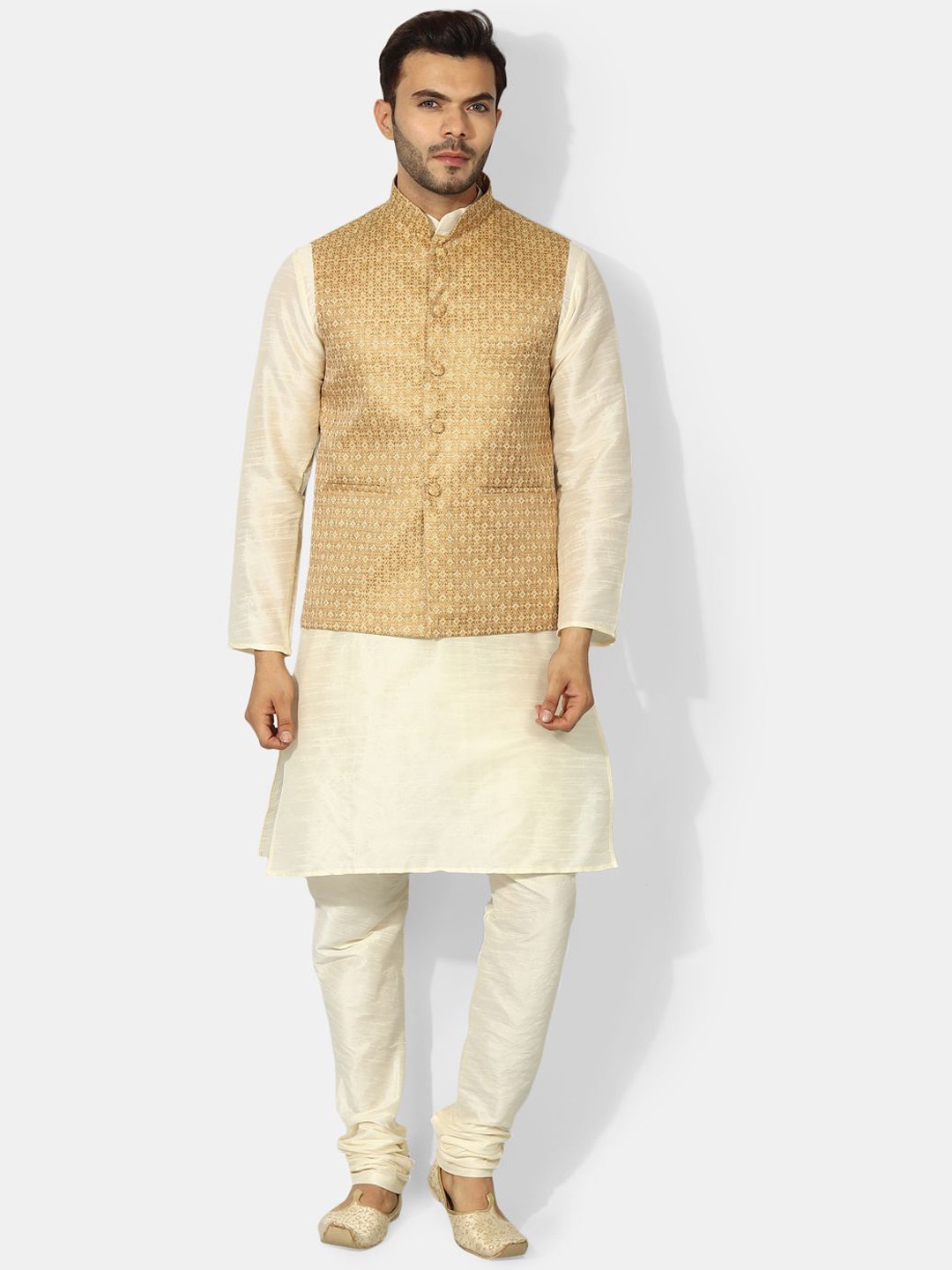 

Ethluxis Men Regular Dupion Silk Kurta with Churidar, Off white