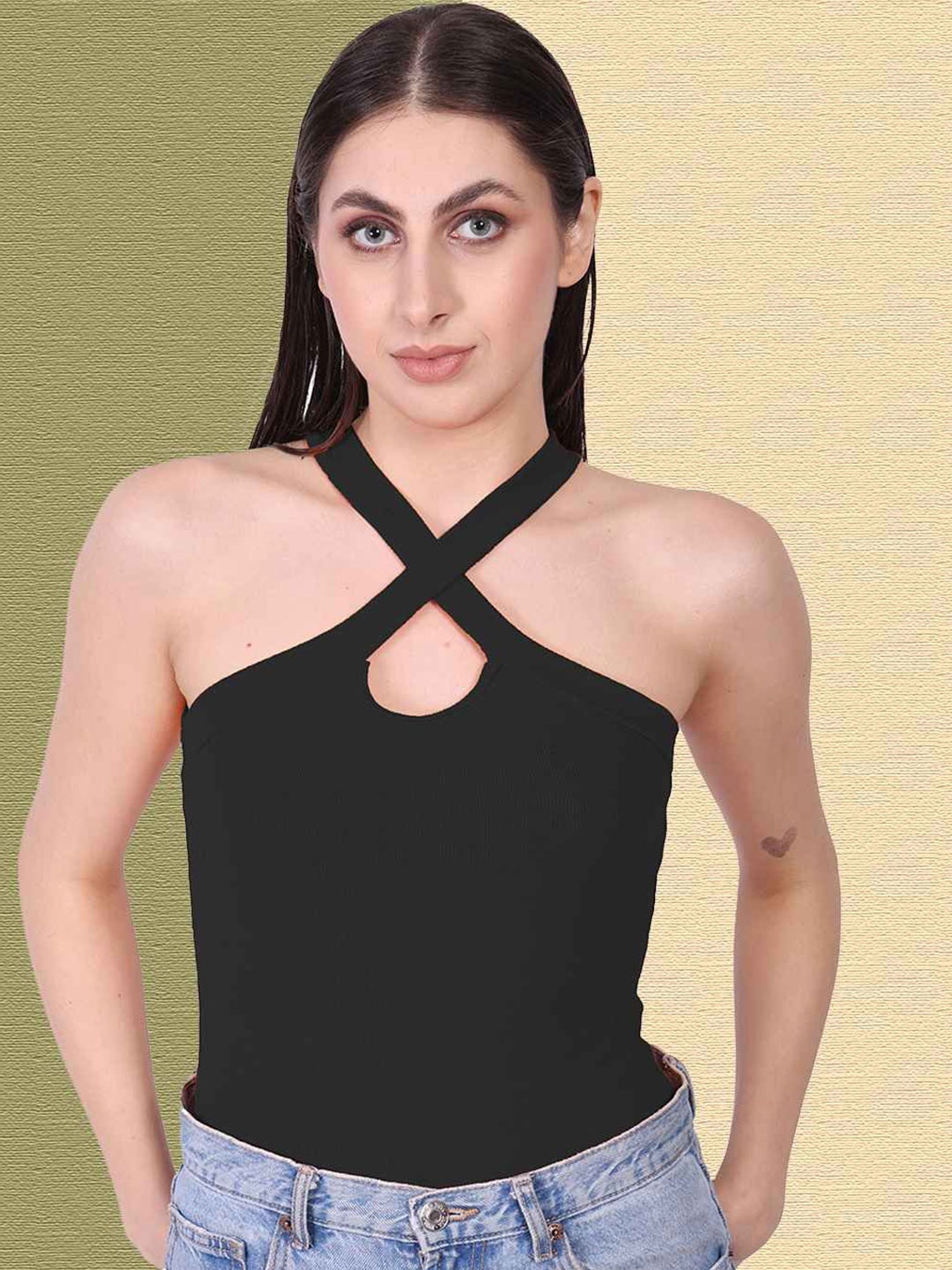 

Mast & Harbour Women Solid Halter Neck Cotton Styled Back Top, Black