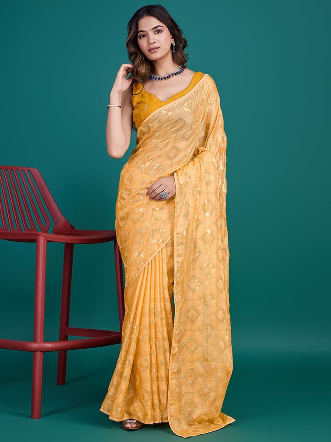 

Peachmode Floral Beads and Stones Pure Georgette Saree, Yellow