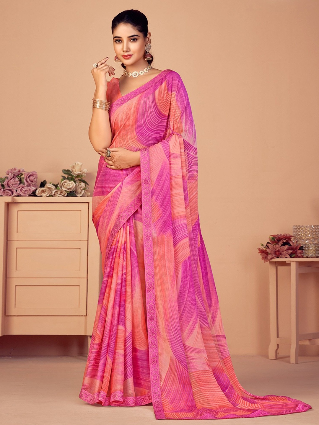 

LeeliPeeri Designer Ethnic Motifs Poly Chiffon Saree, Pink