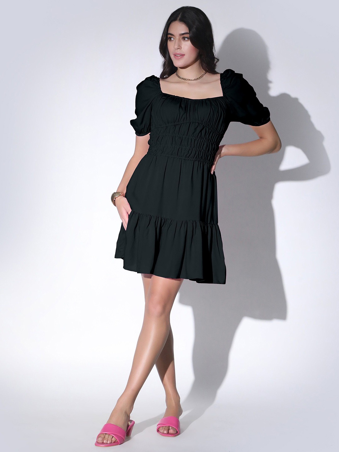 

Raiyani Fashion Women Smocked Detaling Puff Sleeves Fit & Flare Dress, Black