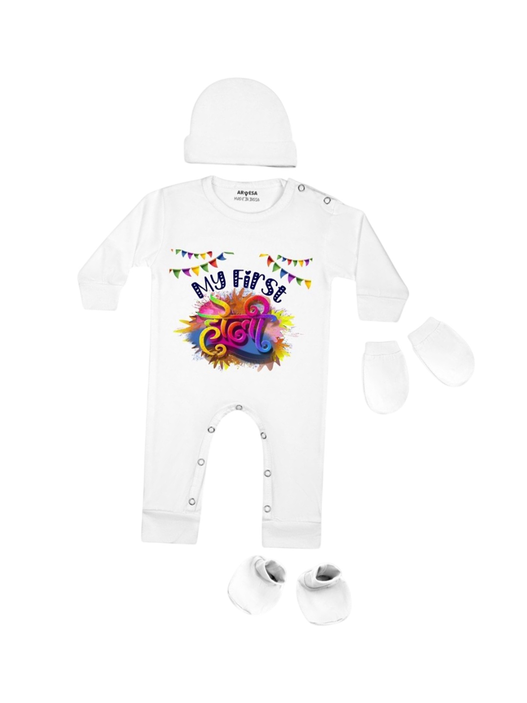 

Arvesa Infants My First Holi Printed Bodysuit with Cap Booties Mitten, White