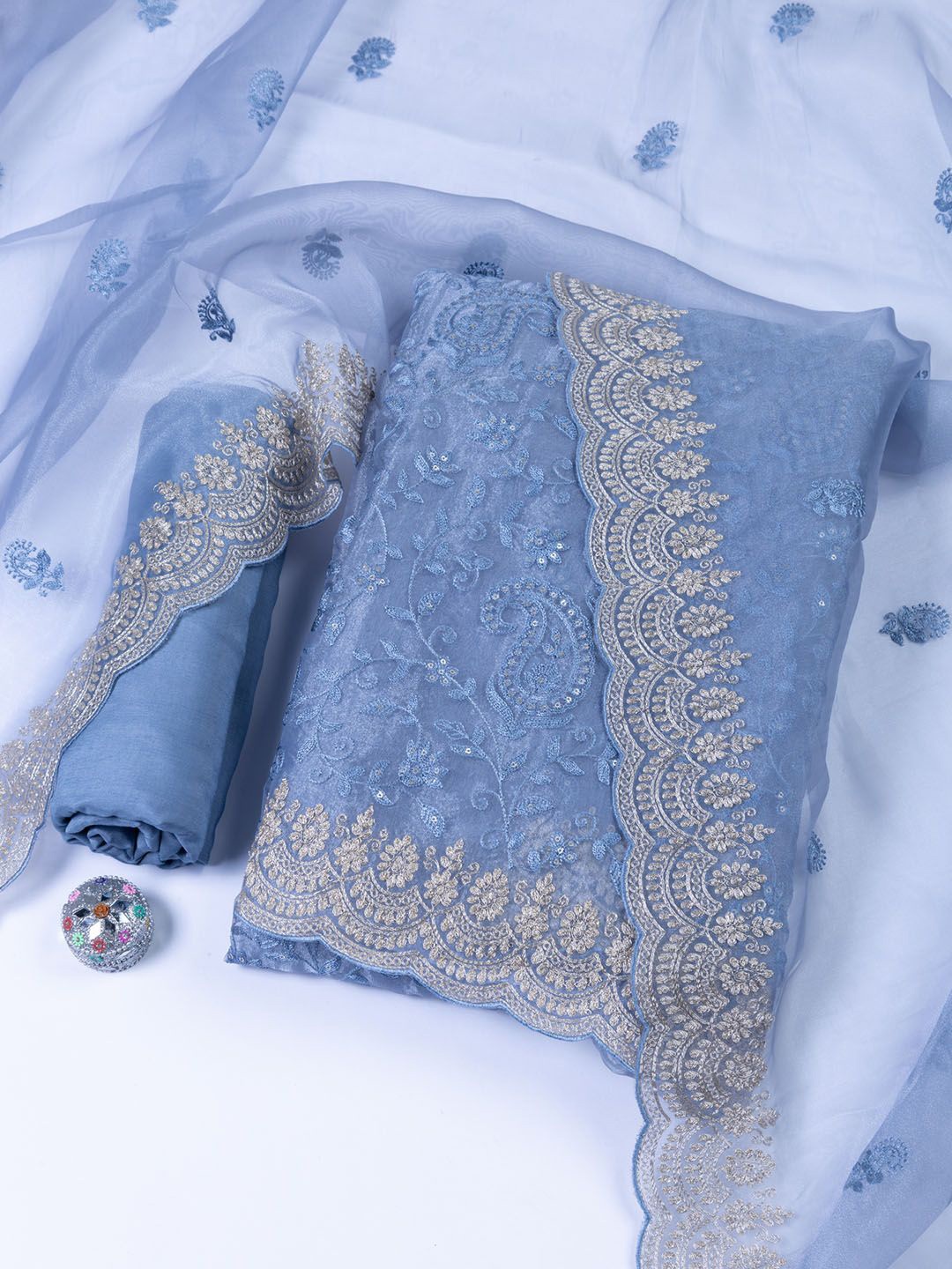 

Meena Bazaar Embroidered Organza Unstitched Dress Material, Blue