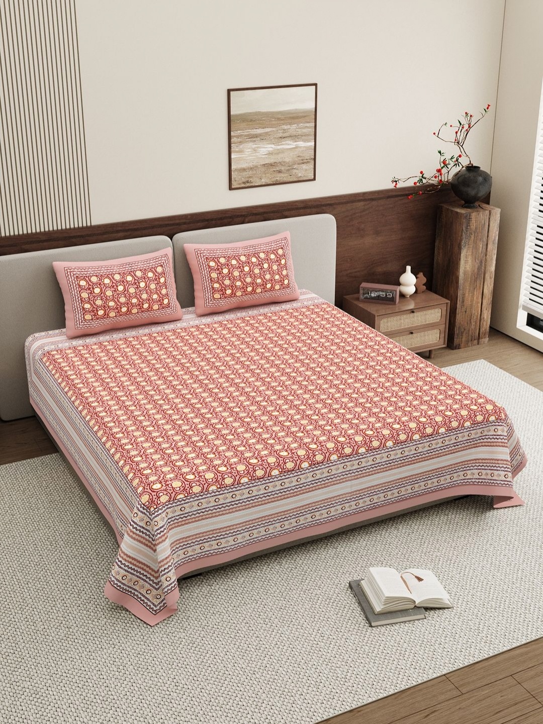 

BELLA CASA Red & Pink Floral 250 TC King Bedsheet with 2 Pillow Covers
