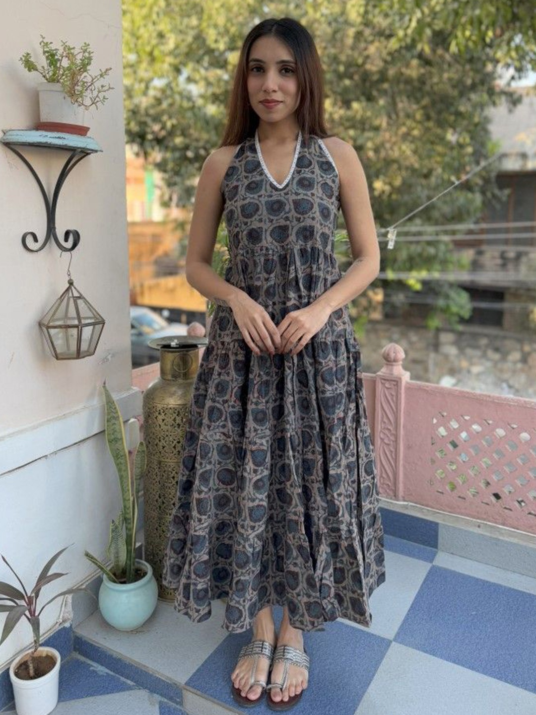 

GOODHAND Floral Print Halter Neck Maxi Dress, Navy blue