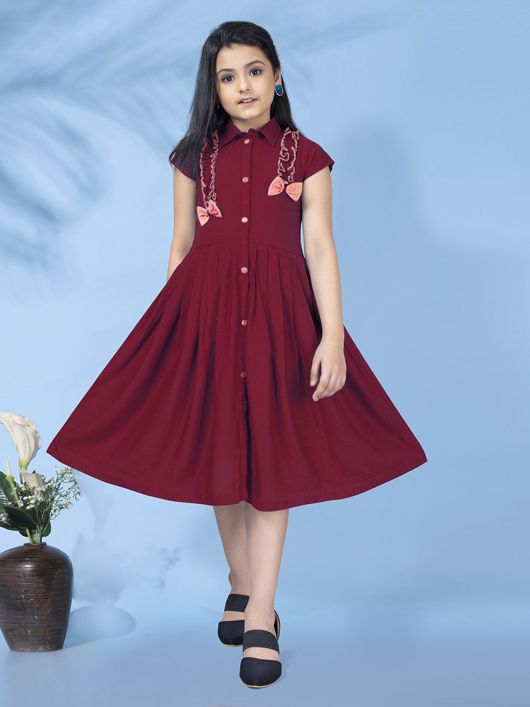 

YK Girls Solid shirt Collar Neck Short Sleeves Fit & Flare Dress, Maroon