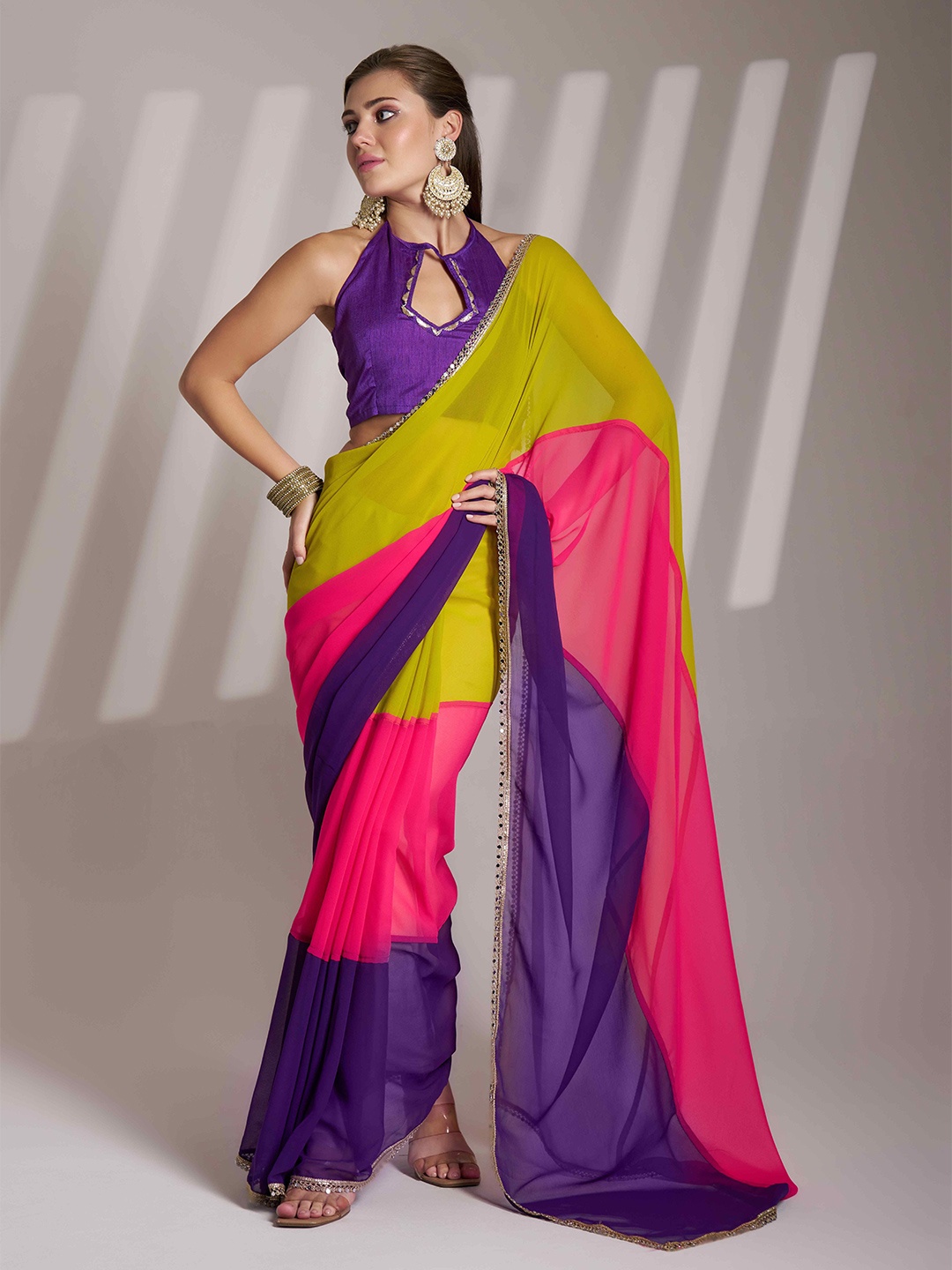 

HERE&NOW Colourblocked Sequinned Poly Chiffon Tussar Saree, Mustard