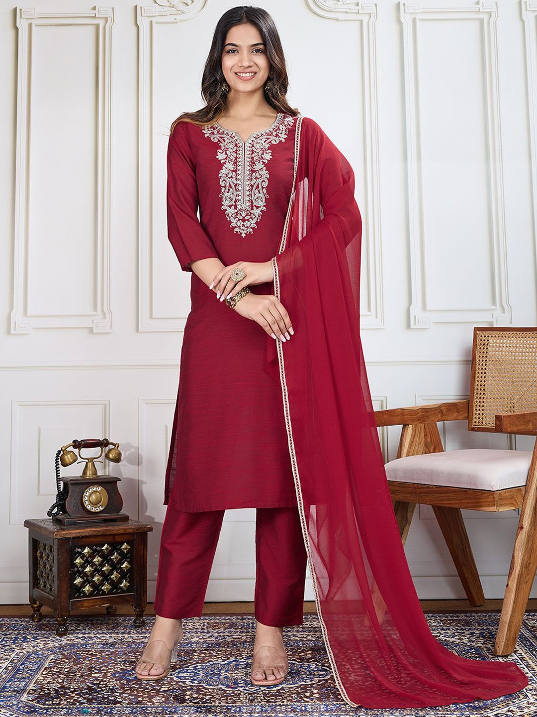 

House of Pataudi Embroidered Straight Kurta & Trousers With Dupatta, Red