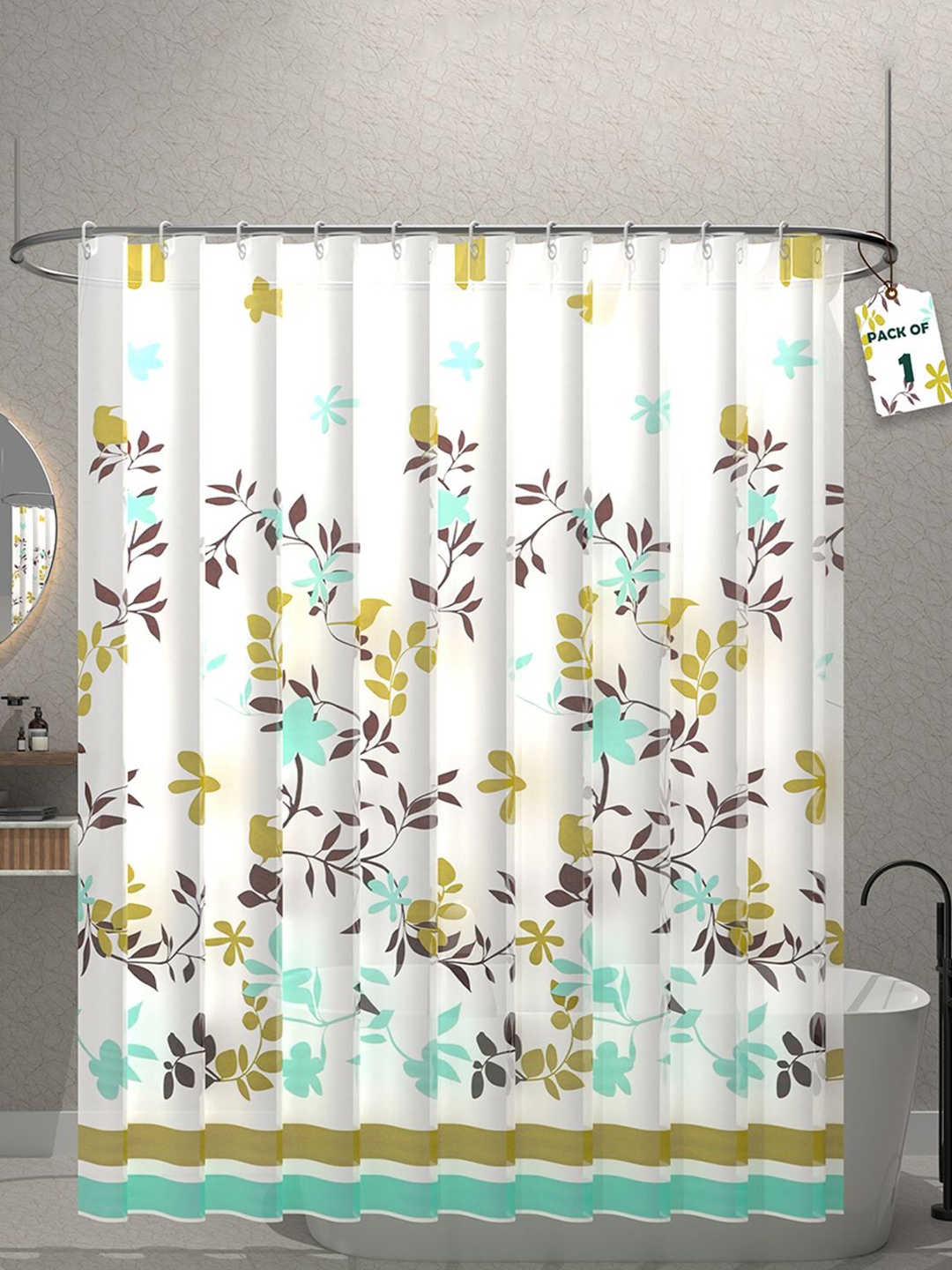 

Aura Aura White & Blue Leaf Printed Waterproof Shower Curtains With 12 Rings