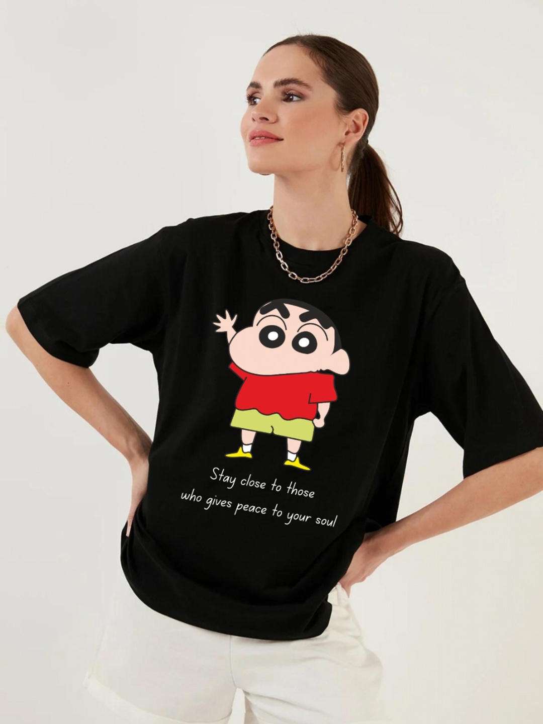 

RAYACLOSET Women Printed Extended Sleeves Applique T-shirt, Black