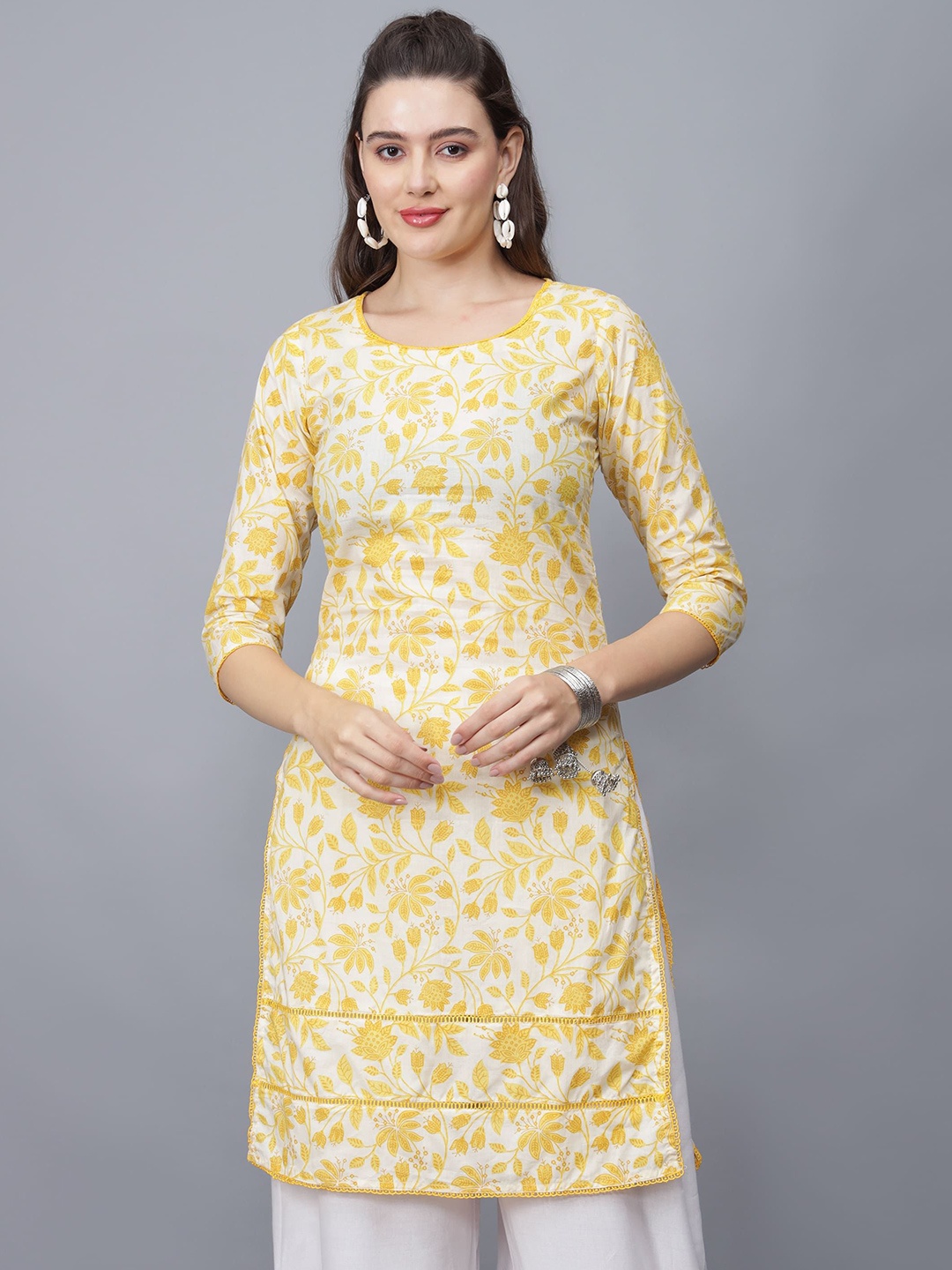 

ETRAANA Printed Pure Cotton Round Neck Kurta, Yellow