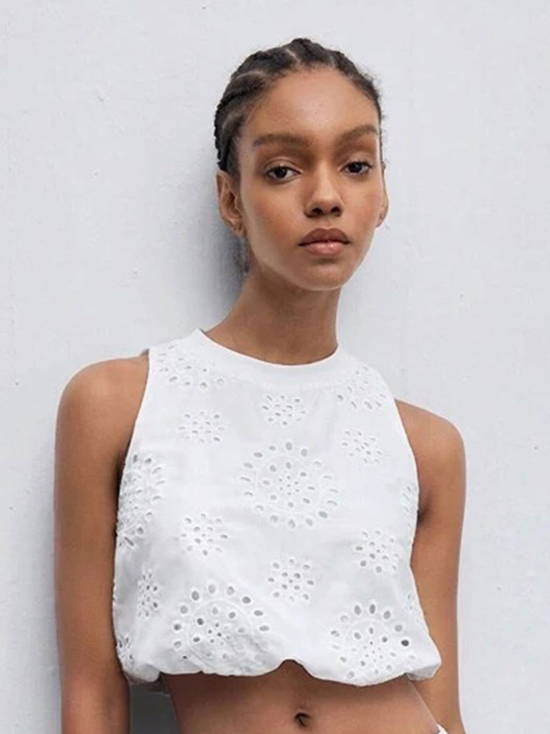 

LULU & SKY Embellished Cotton Blouson Crop Top, White
